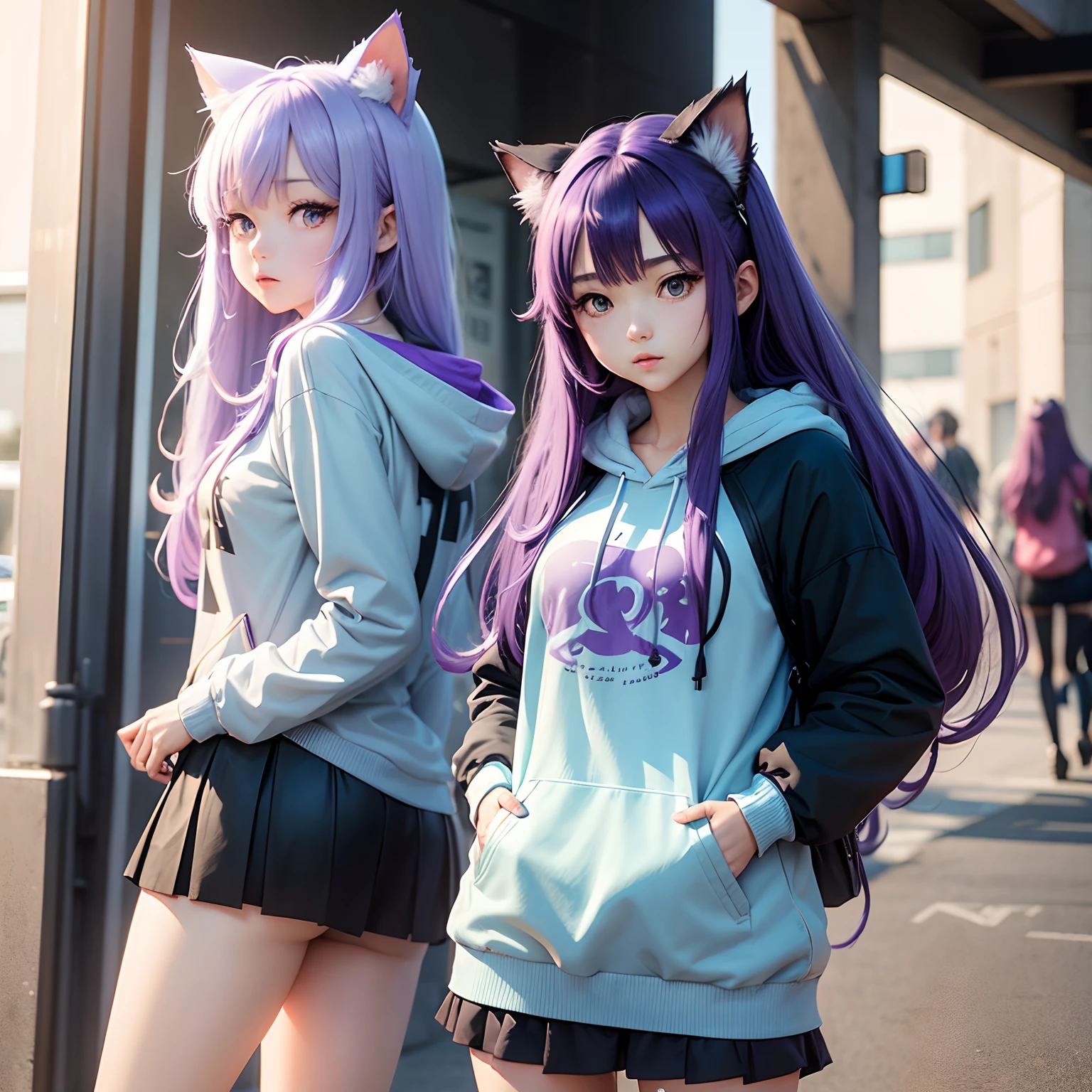 Long purple hair and cat ears、High School Girl、Light blue hoodie and black miniskirt、Standing picture、1 persons、Anime style