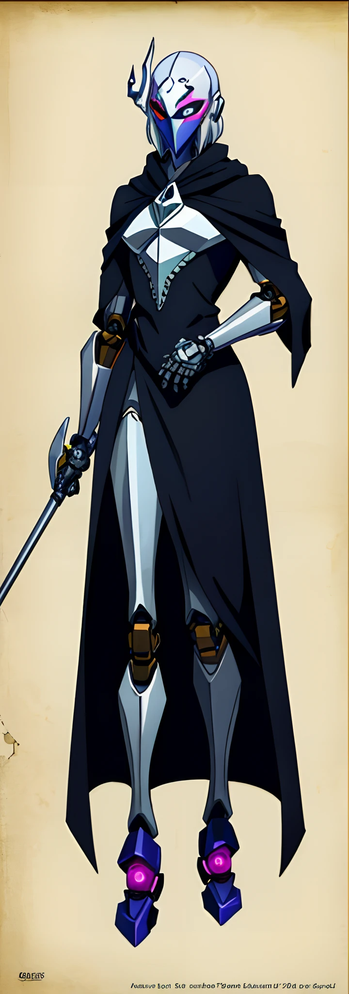 Concept art, 1person, (walking on two legs:1), Humanoid-robotic creature Persona4/5 style creature, (reimagined Sandman), (benevolent european entity of myth-legends), (androgynous) slender humanoid hooded figure, flowing silver hair and pale skin, They are wearing a black cloak that billows around them like smoke, (Robotic stylized mask:1.3), robotic unique stylized feet models, (Carrying in its left hand a stylized cane), (holding up hourglass filled with swirling miraculous sand on the right hand), (intricate details), (Masterpiece), ultimate HD, 8K Ultra-HD, robotic-demonic-benevolent deity combined style, Persona style, Persona demon creature, SMT creature, (Video Game Concept Art:1.2)