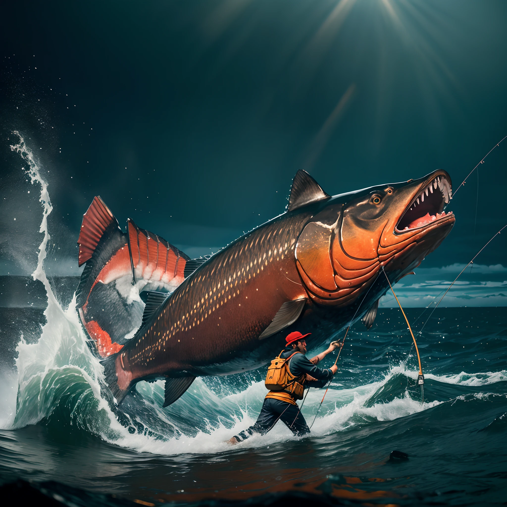 (best quality,alto),A boy fishing for salmon in Alaska, Na margem do rio, um urso gigantesco perseguindo o pescador, Dramatic lighting and intense atmosphere, cores vibrantes, Detailed representation of man's fishing equipment and bear skin, Estilo fotorrealista, sparkling water, movimento poderoso, breathtaking landscapes
