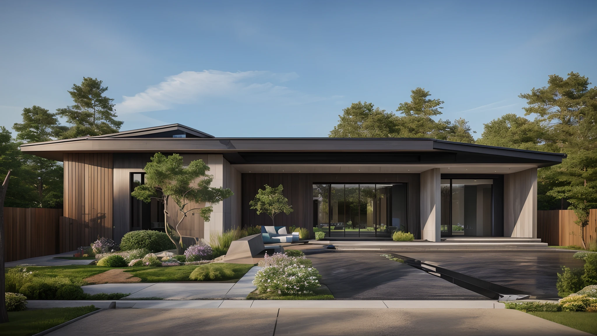 (masterpiece),(high quality), best quality, real,(realistic), super detailed, (full detail),(4k),8k,modern house exterior design,Modern architecture,Beautiful_sky,Day light, no_humans, outdoors,sky,tree,Garden flower front of building,