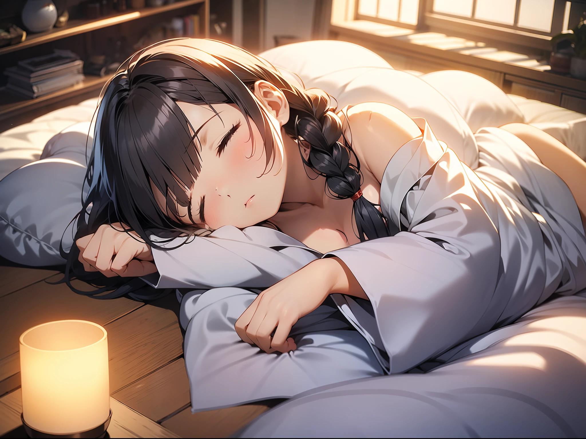 in 8K、top-quality、​masterpiece、ultra-detailliert、Ultra-high resolution、Anime style、traditional Japanese room、natta、Dark room without windows、((1 persons))、girl with、A dark-haired、Braided hair、Light-colored yukata、On the futon、cleavage of the breast、bare shoulders​、Sleeping face down