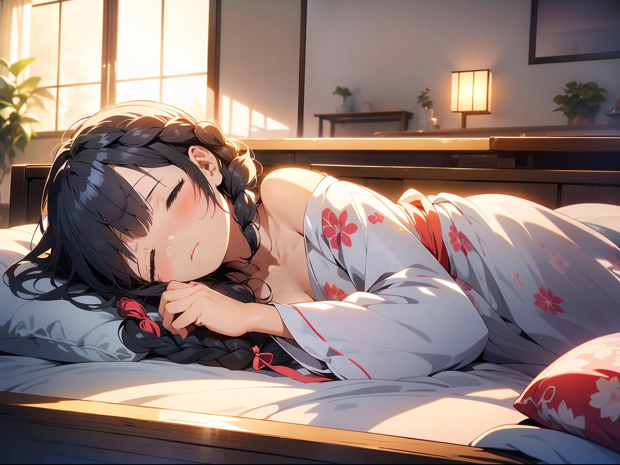 in 8K、top-quality、​masterpiece、ultra-detailliert、Ultra-high resolution、Anime style、traditional Japanese room、natta、Dark room without windows、((1 persons))、girl with、A dark-haired、Braided hair、Light-colored yukata、On the futon、cleavage of the breast、bare shoulders​、Sleeping face down