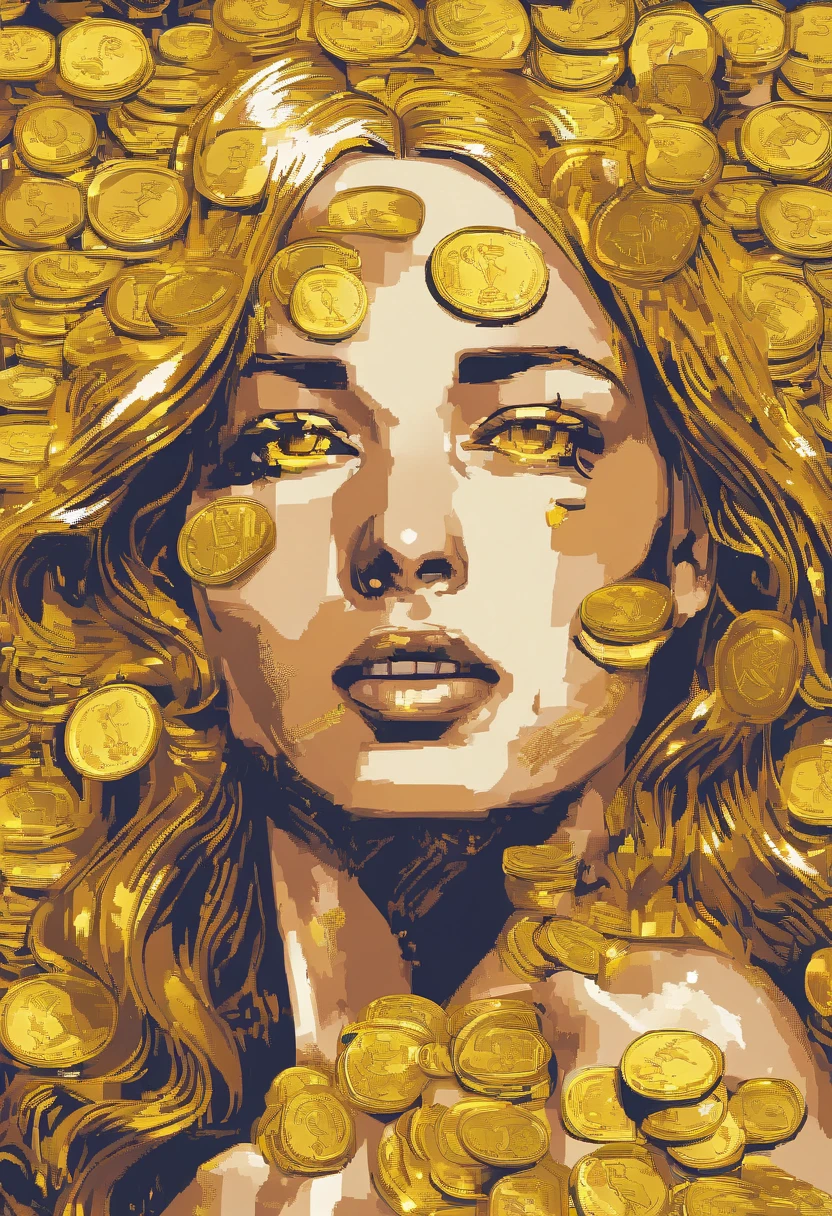 Art Photo, a photograph of a crying young woman plastered with dollar gold coins, overhead shot, dazzling sunlight, intricate, flashy, translucent, medium scene, grotesque art style, extremely creative, simple and mysterious, high quality, 8k