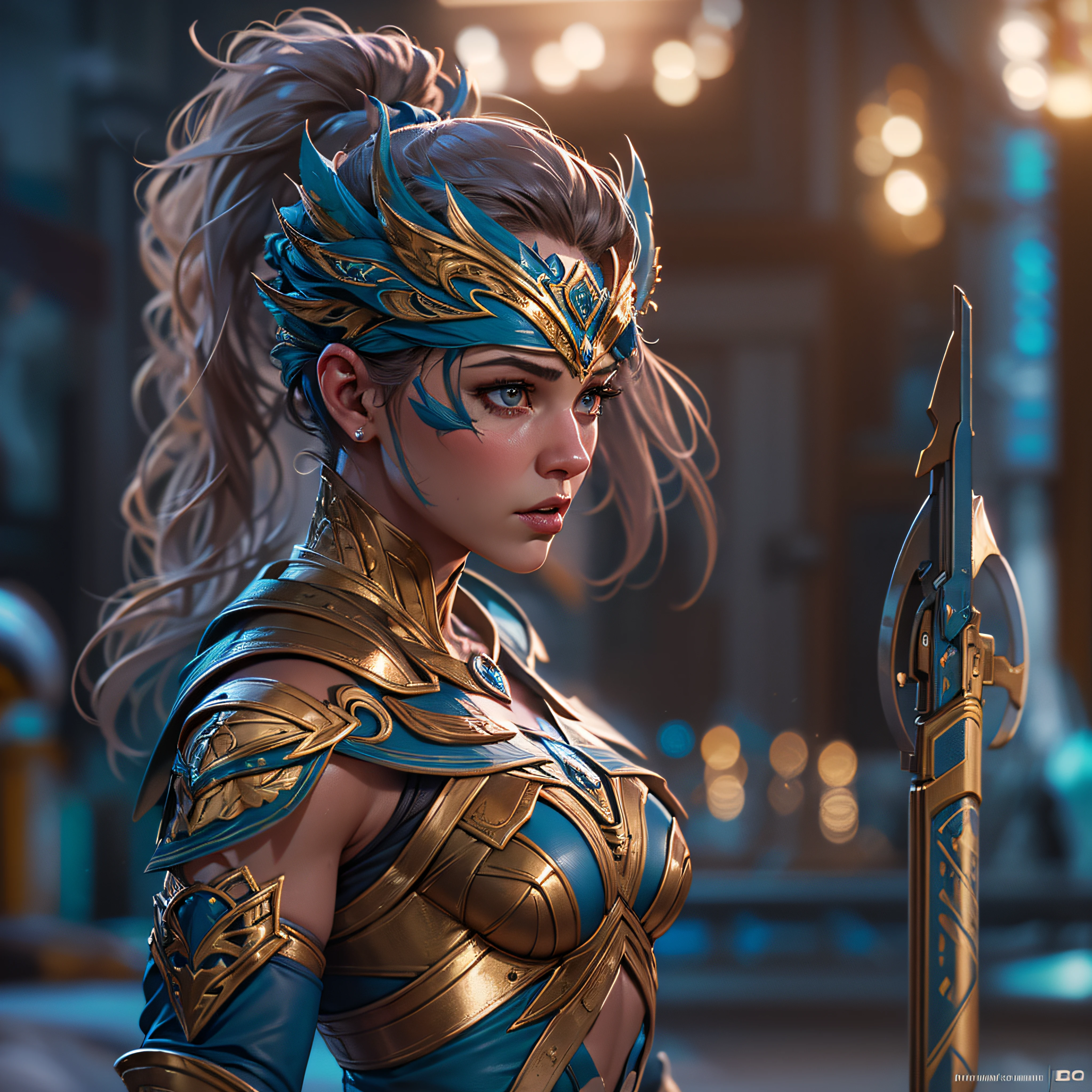 Warrior Wonder Girl, intricate, hyper-maximalist, elegant, hyper realistic, epic high details, full details, high resolution, dynamic slight blue lighting, rendering, realism, Photo-realistic, ultra realistic, octane render, unreal engine, hyper detailed, volumetric lighting, 8k reality, cinematic