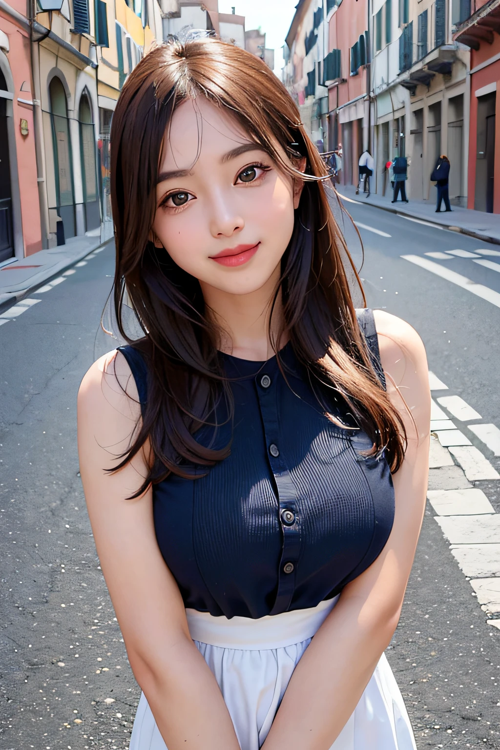 1girl in、Italy、Daytime、A city scape、A smile、The upper part of the body、a closeup、8K、Raw photography、top-quality、​masterpiece、realisitic、Photorealsitic、