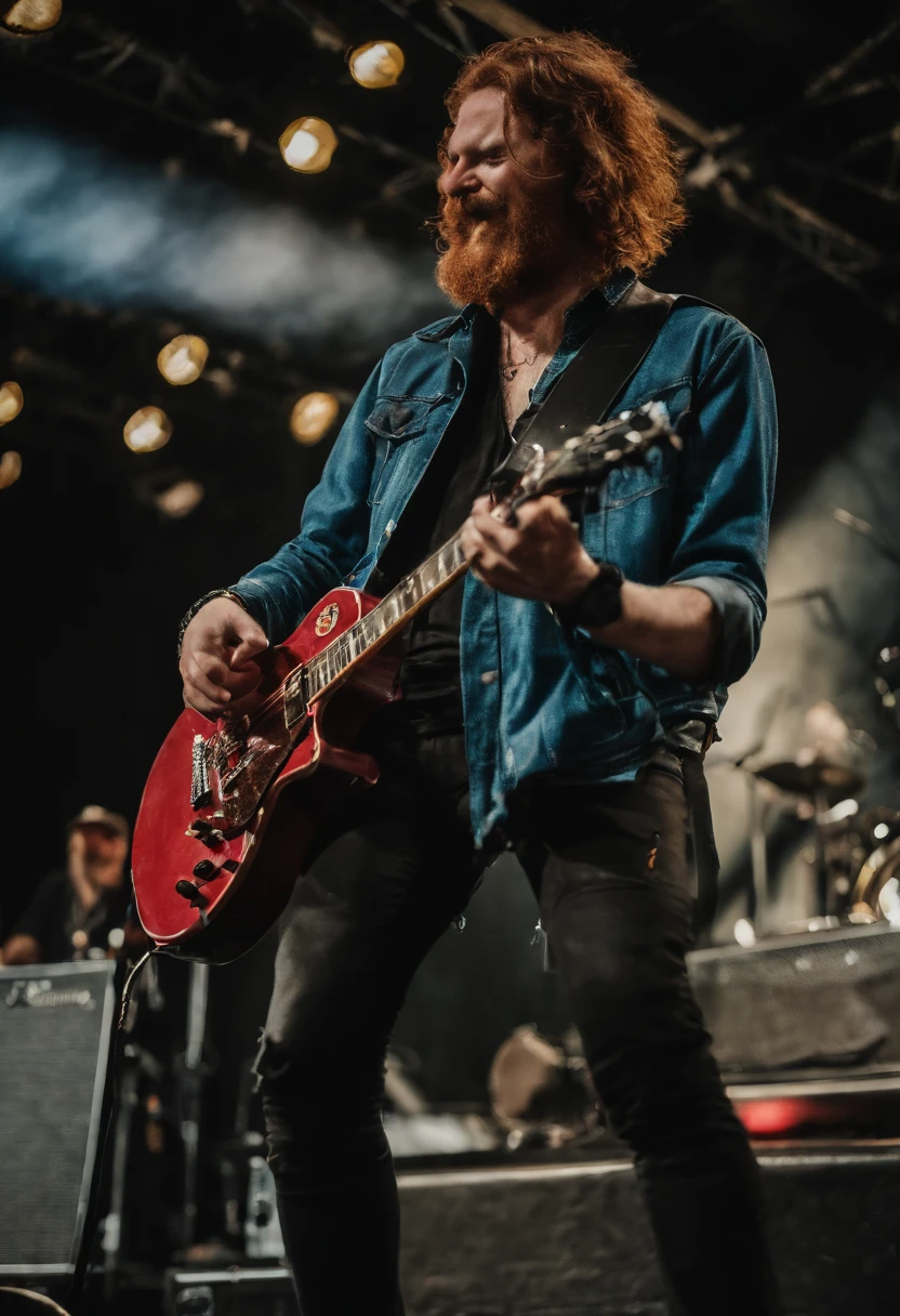 (a)man with red hair,playing guitar,guitar strings,electric guitar player,rock musician,concert stage,loud music,energetic performance,rock and roll,showmanship,rockstar attitude,stage presence,engaging with audience,red stage lights,amplifier,rocking out,facial expression of passion and intensity,ripped jeans and leather jacket,cool and confident,headbanging,playing guitar solo,foot stomping,rocking music,full of energy,powerful vocals,rock concert,rock band,rock music,excitement [electric guitar:1.1],[rock and roll:1.1],[energetic:1.1],[passionate:1.1],[loud:1.1],[energetic performance:1.1] 

【image quality（best quality）】，【art-style（rock concert）】，【Color tones（red stage lights）】，【lamplight（spotlights）】