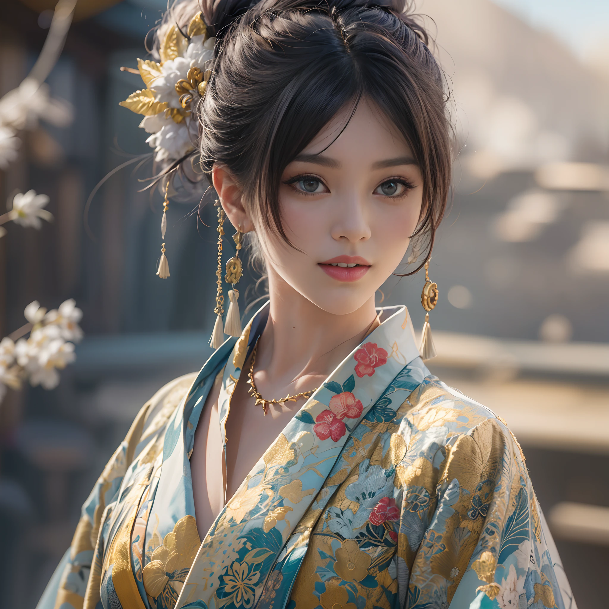 watching at viewers、Background with((ancient city:1.2)And the moon、(dense background:1.5))、BREAK {{{Luxury kimono(Colorful kimono(Detailed golden embroidery,))}}}、face perfect,Depict a beautiful and graceful woman of Japan,poneyTail、Woman with shiny black hair、perfect hand,Heart in the eye。odd eye,full body Esbian,Blur the background with a sickle,((masutepiece)), ((Best Quality))Wallpapers 16K, .Blur the background with a sickle,BREAK,((masutepiece)), ((Best Quality)),epicd(Lige Fries Photography、sony a7、50 millimeters、pores:1.5、Farbe、ultra-detailliert:1.5、film grains:1.4、hyper realisitic:1.5)、octan render、 ultra realistic lifelike textures、​masterpiece、unrealengine5、the Extremely Detailed CG Unity 8K Wallpapers、Madly detailed photo、Ultra-realistic light、(Pulitzer Prize for Best Photography、Taylor Wessing Award for Best Photography)