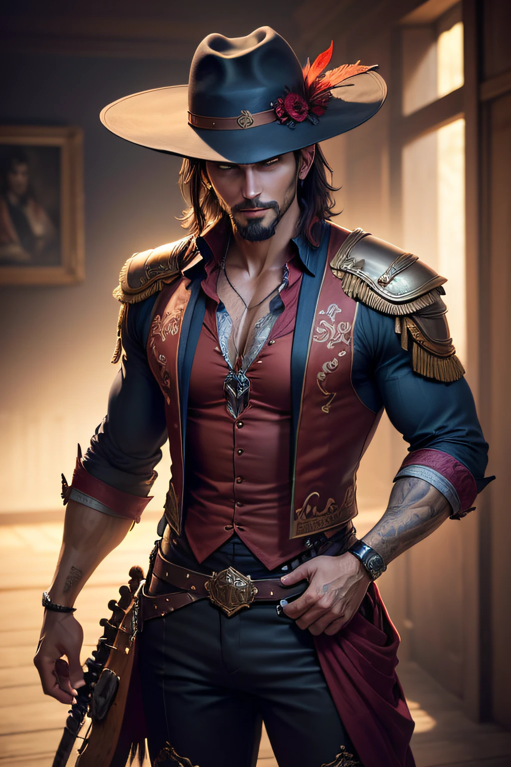 A toned man with high cheek bones, medium length brown hair, A mustashe and goatee. He is wearing a long-brimmed hat with a feather in it. A purple and red loosely fitting shirt and trousers tucked into flared boots. He has a lute on his back. He has on his face a confident look with a smug smile. (masterpiece, best quality), (blue eyes), (perfect hands), (High Resolution), (Absurd resolution), (Hyper realistic), (Hyper definition), (Ultra realistic), (HD Resolution), ((detailed face)), ((award-winning)), (high detail), (Sharp,) (8k resolution,) (Cinematic lighting), (soft lighting), (Eye contact), (Hyperdetailed) (Photorealistic),