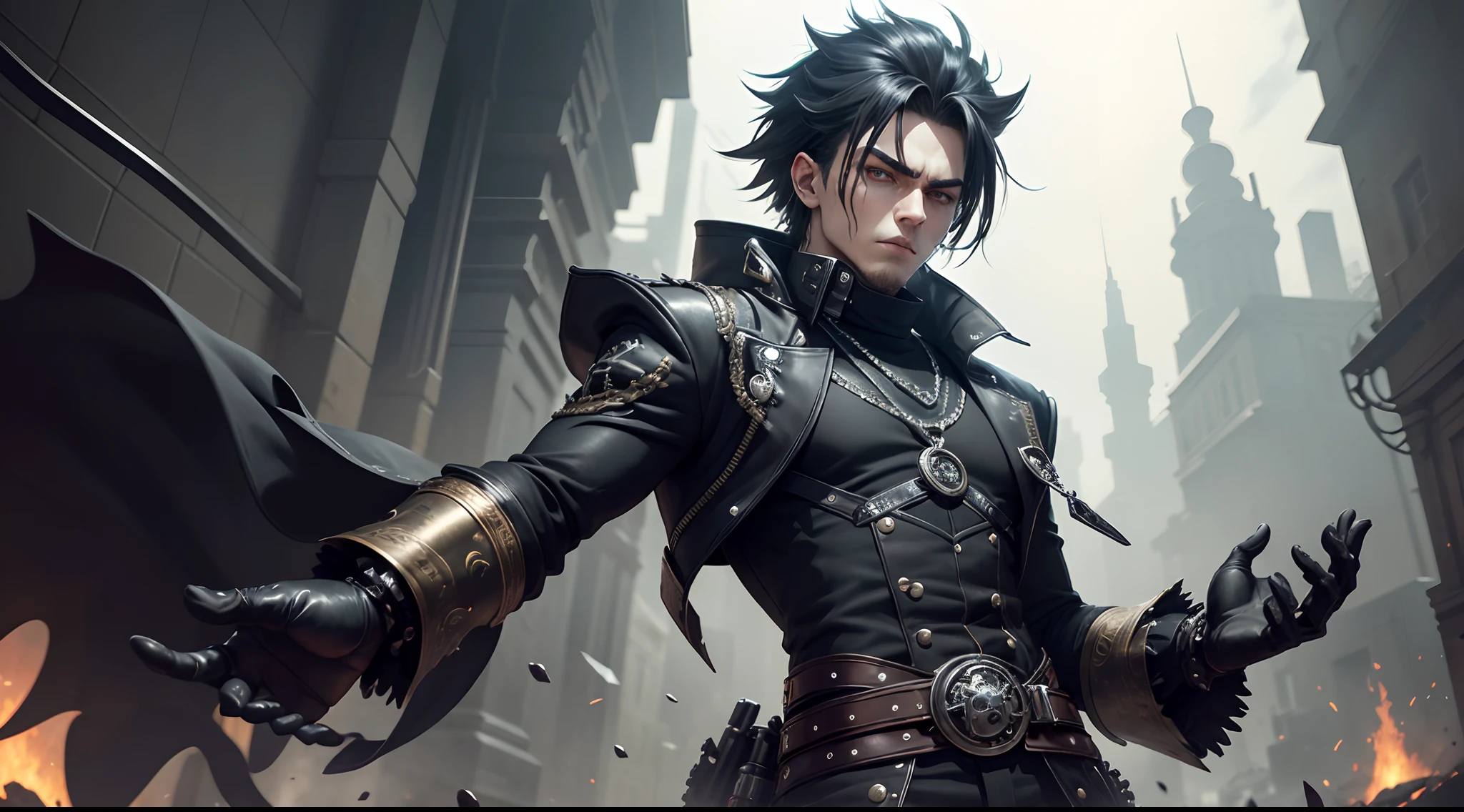 The man in black clothes is an intriguing and imposing figure. His posture is haughty and confident, conveying an aura of dark power. His lean, athletic body is wrapped in a detailed mechanical punk outfit, where the fusion of steampunk style with technological elements creates a unique, futuristic look. The new costume concept is even bolder, incorporating metallic details and gears that adorn your clothes in a functional and stylistic way. Arcane symbols are inscribed in the folds of the fabric, revealing its connection to the mystical arts. Each piece of the suit is designed to enhance your presence on the battlefield, where the combination of style and functionality becomes a manifestation of your complex personality. In a full-length D&D-style portrait, He is portrayed in the midst of darkness, highlighting his ability to move in the shadows with agility and stealth. The serene and intense look in his eyes, with prominent dark circles, reflects the emotional burden he carries on his journey. Dressed in a dark space mercenary outfit, his clothes fuse with the technology of outer space, providing protection against the dangers of the cosmos. Dark tone details and strategic cuts reveal your ability to move easily in any hostile environment.The Anime Art Style Trigger reveals striking features on his face, with large, expressive eyes that display the duality of his nature. His eyes, with deep green and black sclerae, reflect the complexity of his feelings and decisions. The character's complexity is also manifested in the crustpunk style of his clothes, with worn elements and bold adornments. The combination of punk fashion with arcane and futuristic touches reveals an individual who defies convention and embraces his own identity. In this JoJo anime-style RPG portrait, He is presented in a dynamic and confident pose, showing off his strength and prowess in combat. The mix of styles and colors in the art of this vampire version best quality, high quality, detailed