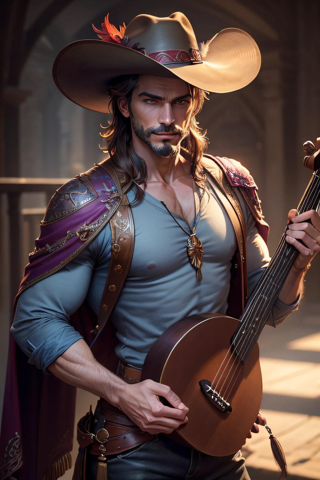 A toned man with high cheek bones, medium length brown hair, A mustashe and goatee. He is wearing a long-brimmed hat with a feather in it. A purple and red loose shirt and trousers tucked into flared boots. He has a lute on his back. He has on his face a confident look with a smug smile. (masterpiece, best quality), (blue eyes), (perfect hands), (High Resolution), (Absurd resolution), (Hyper realistic), (Hyper definition), (Ultra realistic), (HD Resolution), ((detailed face)), ((award-winning)), (high detail), (Sharp,) (8k resolution,) (Cinematic lighting), (soft lighting), (Eye contact), (Hyperdetailed) (Photorealistic),