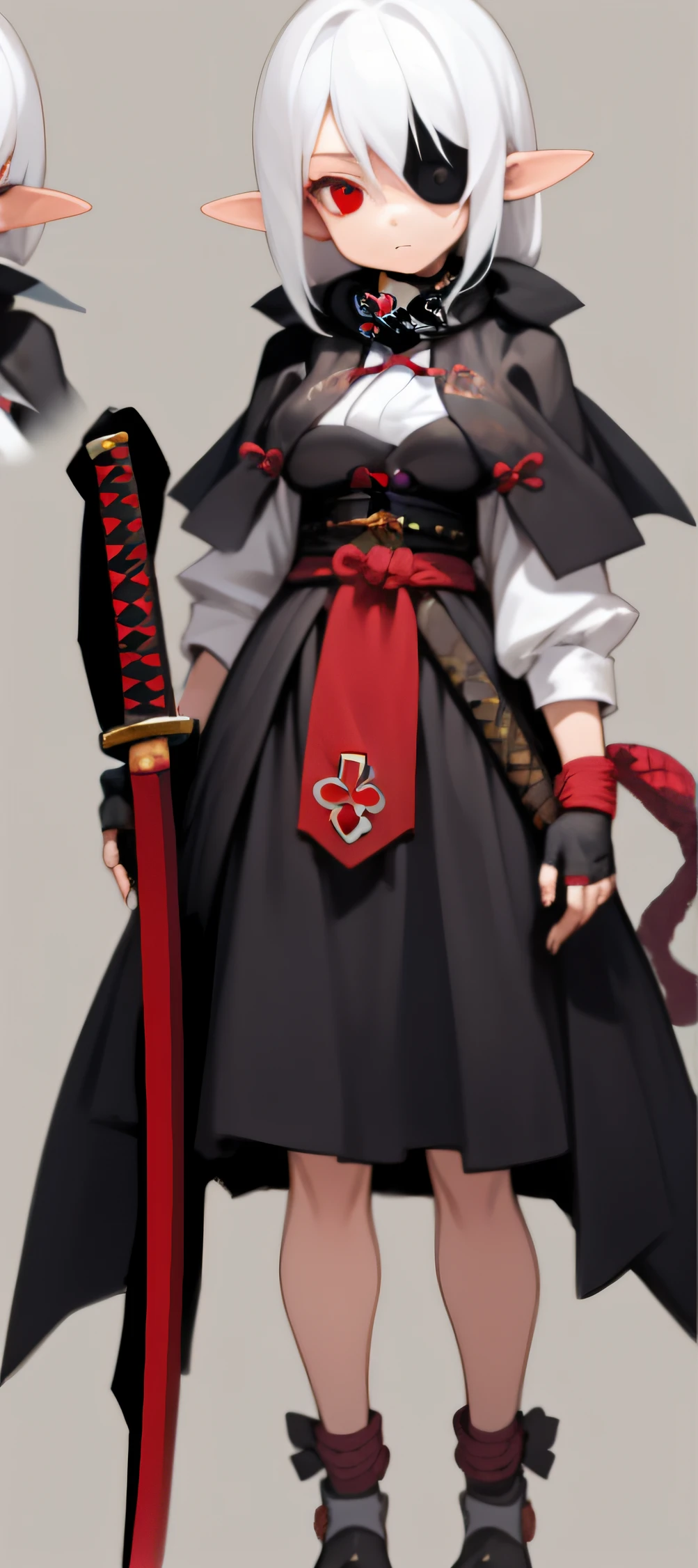 Solo, 1girl, female girl wearing a white and black haori, katana in her hip, looking at viewer, wide hips, fantasy, masterpiece, scarf, large_breasts, long skirt matching colors with haori, close to the face camera angle, katana, katana in her side, white hair, long hair, solo girl, long_hair, red eyes, black_boots, fingerless gloves, bondage in her shoulder, conceptual art, full body conceptual art, katana, add katana, holding katana, HD, 4K, masterpiece,