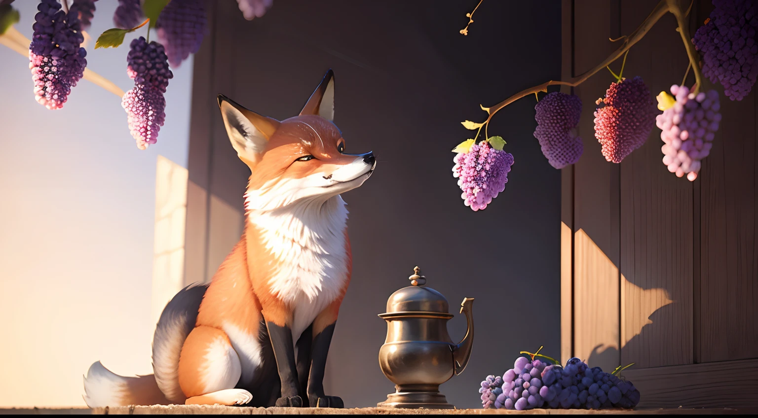 illustration, fox trying to reach the bunch of grapes