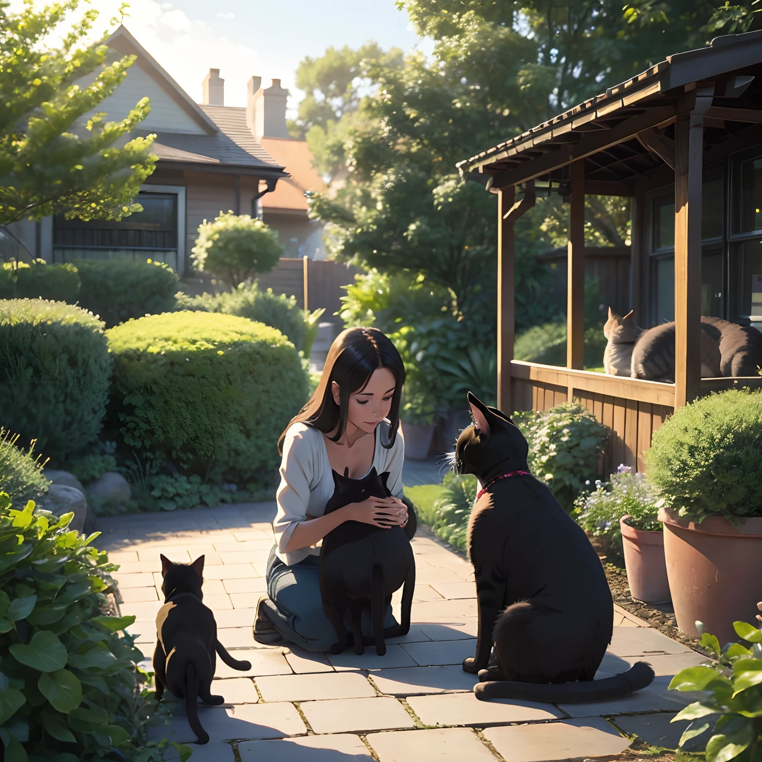 Photo, cat mother, 3 cat son, in the gaden
