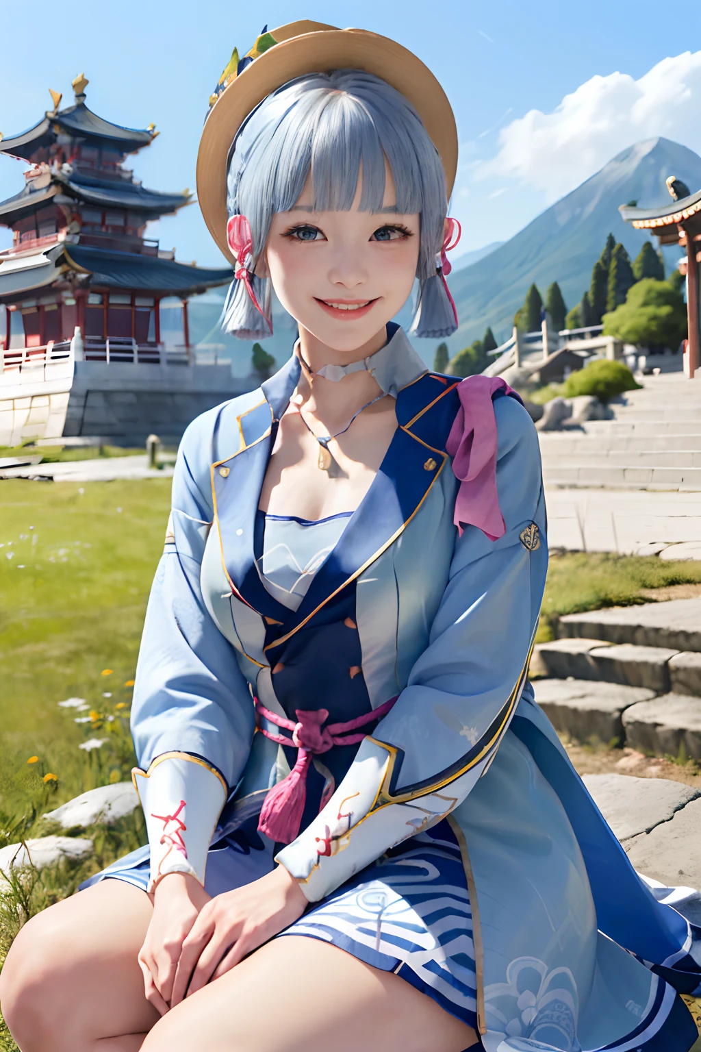 Kamisato ayakabom, whole body, sit, smile, blush, outdoor, daytime, simple background, blue sky, short hair, sky, temple, looking at the viewer, mountains sitting on the stairs, capricious lights, silver shapes, squeaky woman,