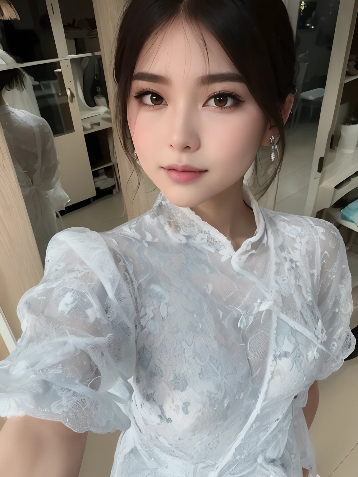 8K, Masterpiece, RAW photo, Best quality, Photorealistic, Extremely detailed Cg Unity 8K wallpapers, Depth of field, Cinematic light, Lens flare, Ray tracing, (Extremely beautiful face, Beautiful lips, Beautiful eyes), intricate detail face, ((ultra detailed skin)) 1girll, In the dark, deepshadow, pretty asian girl, heartthrob,(Very slim and slender muscular body:1.3), ((view the viewer)),(Big smile:1.3), (Cityscape, The background is blurred out), (Dim lights, the roof, terrazzo), Pretty girl, Earrings, bangle, necklace, Clear eyes, Walking , front footage, (Pale skin), Face forward, (Big eyes), ((Full body shot)), ((Black silk tie)), ((Transparent red dressing gown:1.3)), (brown hairs) (view the viewer:1.3), (Lace-up panties), open breast, Medium breasts, Shiny , (see through, Pink dressing gown :1.3), terrazzo