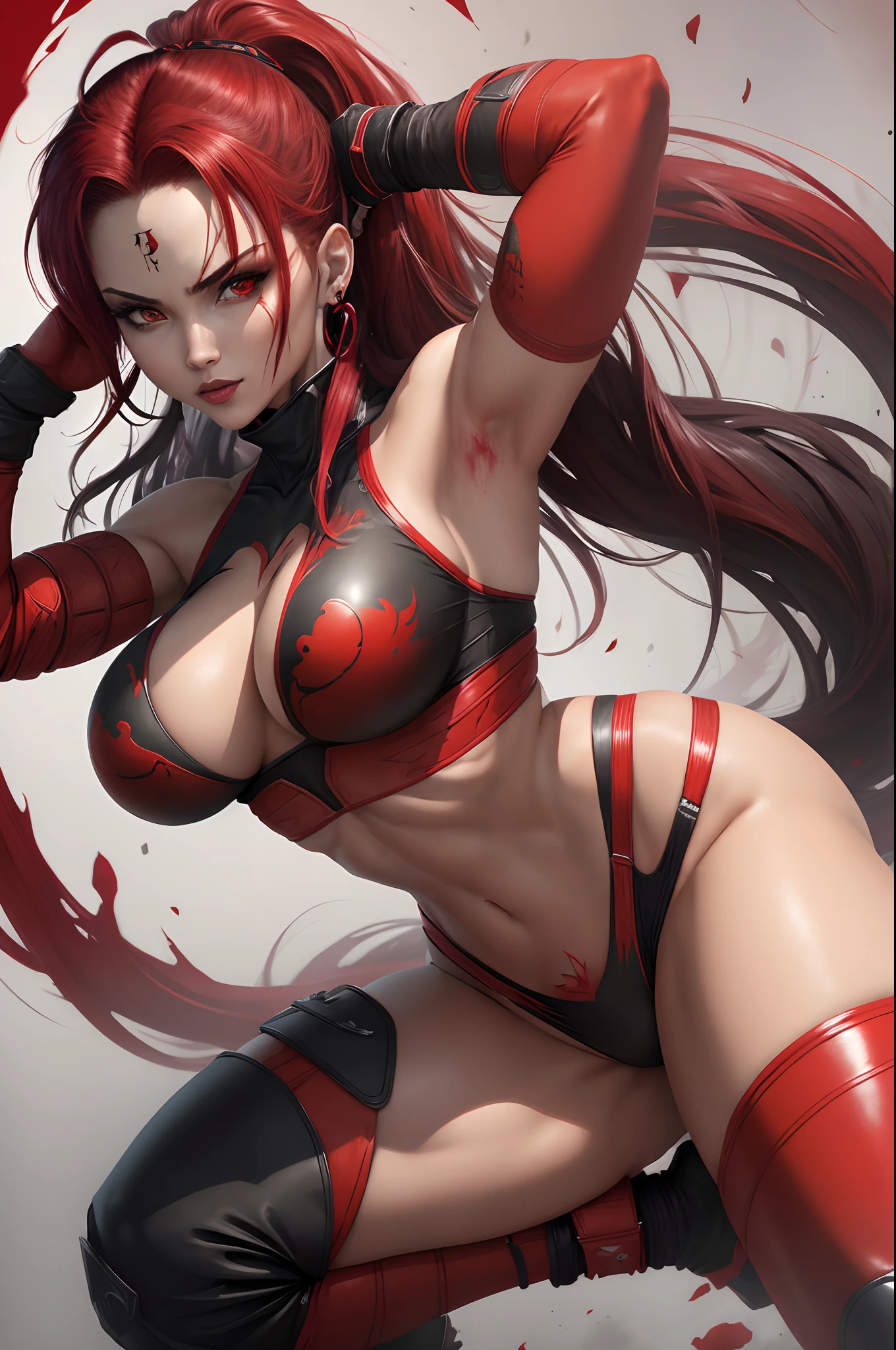 (masterpiece, top quality, best quality, official art, beautiful and aesthetic:1.2), (1girl:1.3), (fractal art:1.3), solo, skarlet from mortal kombat, skarlet mk11, skarlet mk9, Mortal Kombat video game, black headband, long hair, huge breasts,big butt, slim sexy legs, beautiful faces, red face mask, american lady, red ninja uniform for lady, black gloves, red bllody hair, red long socks, long red footwear, a ball of blood floating from hand , large breasts,sexy ninjared uniform , earrings, looking at viewer, upper body, fighting stance, in of her background Mortal kombat logo,