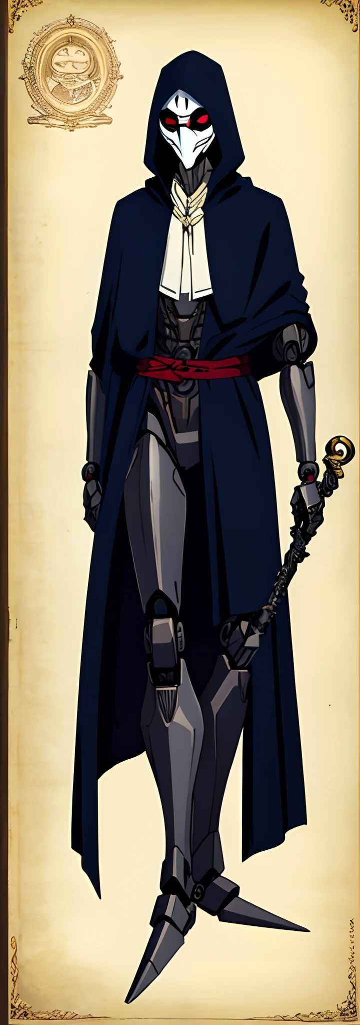 Concept art, 1person, (walking on two legs:1), Humanoid-robotic creature Persona4/5 style creature, (reimagined Sandman), (benevolent european entity of myth-legends), (androgynous) slender humanoid hooded figure, flowing silver hair and pale skin, They are wearing a black cloak that billows around them like smoke, (Robotic stylized mask:1.3), robotic unique stylized feet models, (Carrying in its left hand a stylized cane), (holding up hourglass filled with swirling miraculous sand on the right hand), (intricate details), (Masterpiece), ultimate HD, 8K Ultra-HD, robotic-demonic-benevolent deity combined style, Persona style, Persona demon creature, SMT creature, (Video Game Concept Art:1.2)