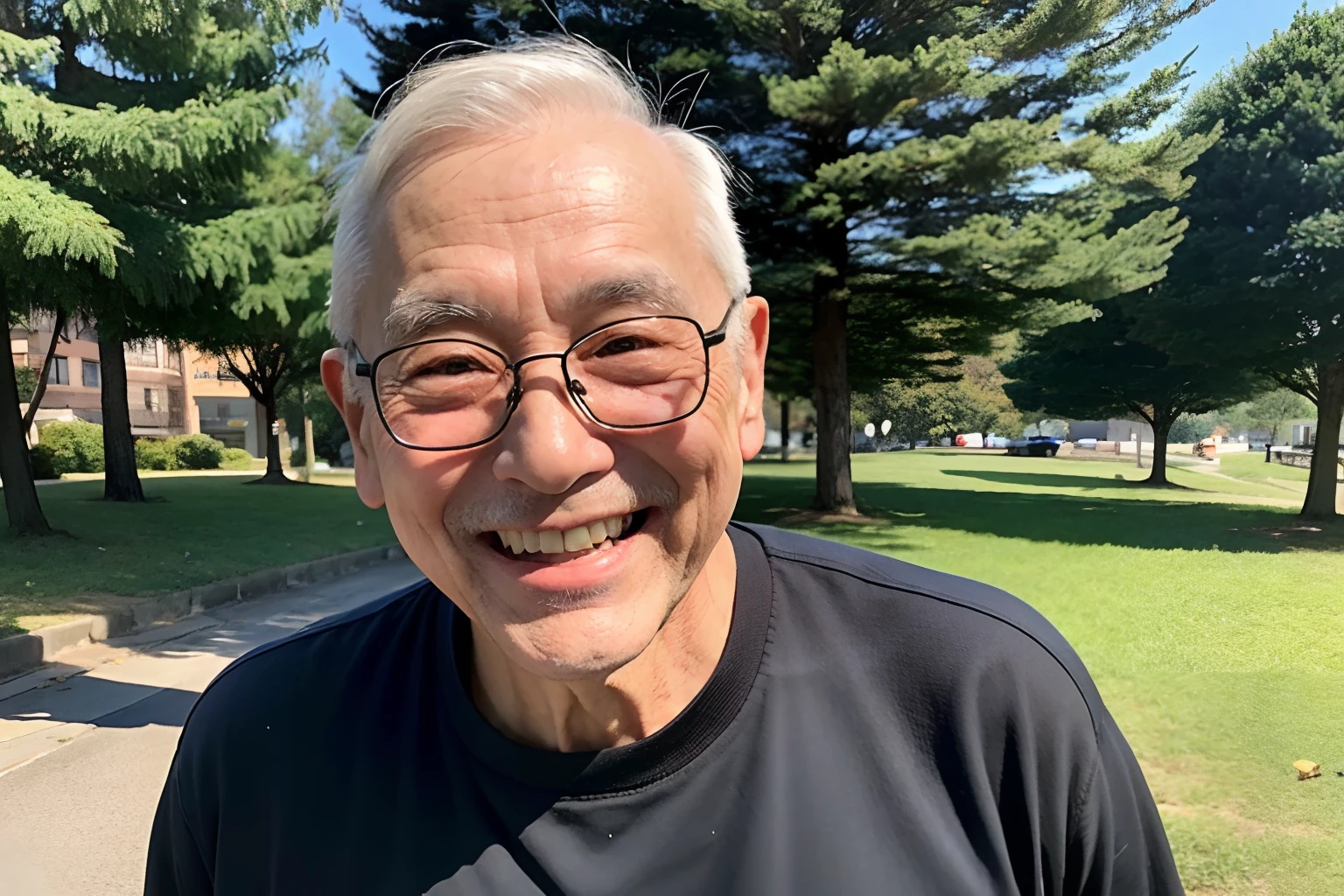 an smiling Old man、sixty years old、jogging at the park、(solo)、handsome、