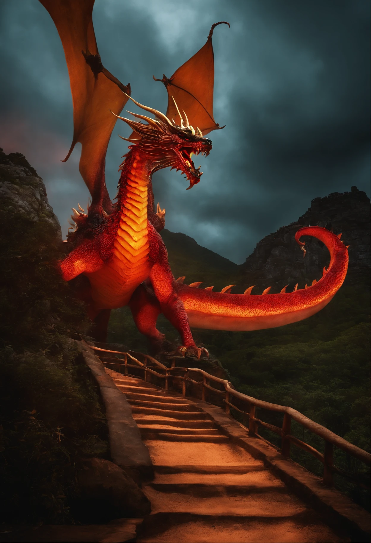 Dragao voando e cuspindo fogo sobre o castelo do mal