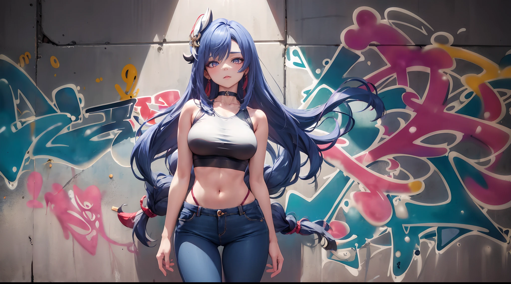 Chen He|genshin impact, master-piece, bestquality, 1girls,25 years old, proportional body, elongated legs, Beautiful, proportional., crop top, Long Jeans, mediuml breasts, ,bara, crop top, choker, (Graffiti:1.5), Splash with purple lightning pattern., arm behind back, against wall, View viewers from the front., Thigh strap, Head tilt, bored,