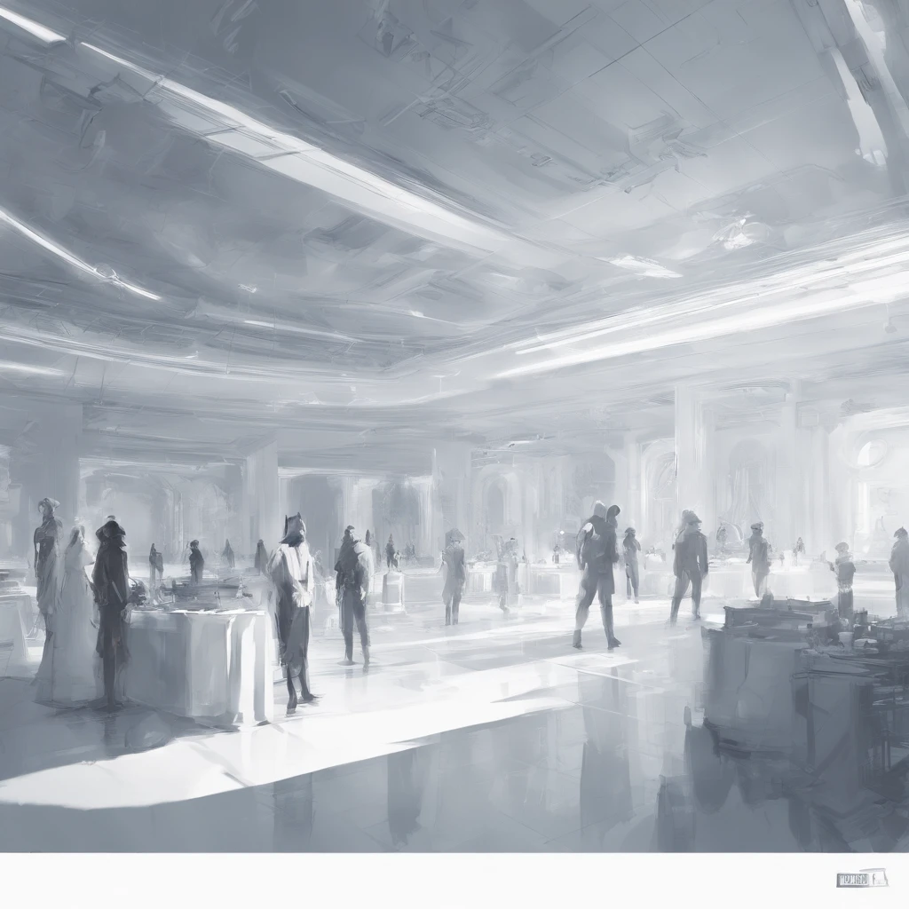Pure white room，Meticulous environment，Standing full of people