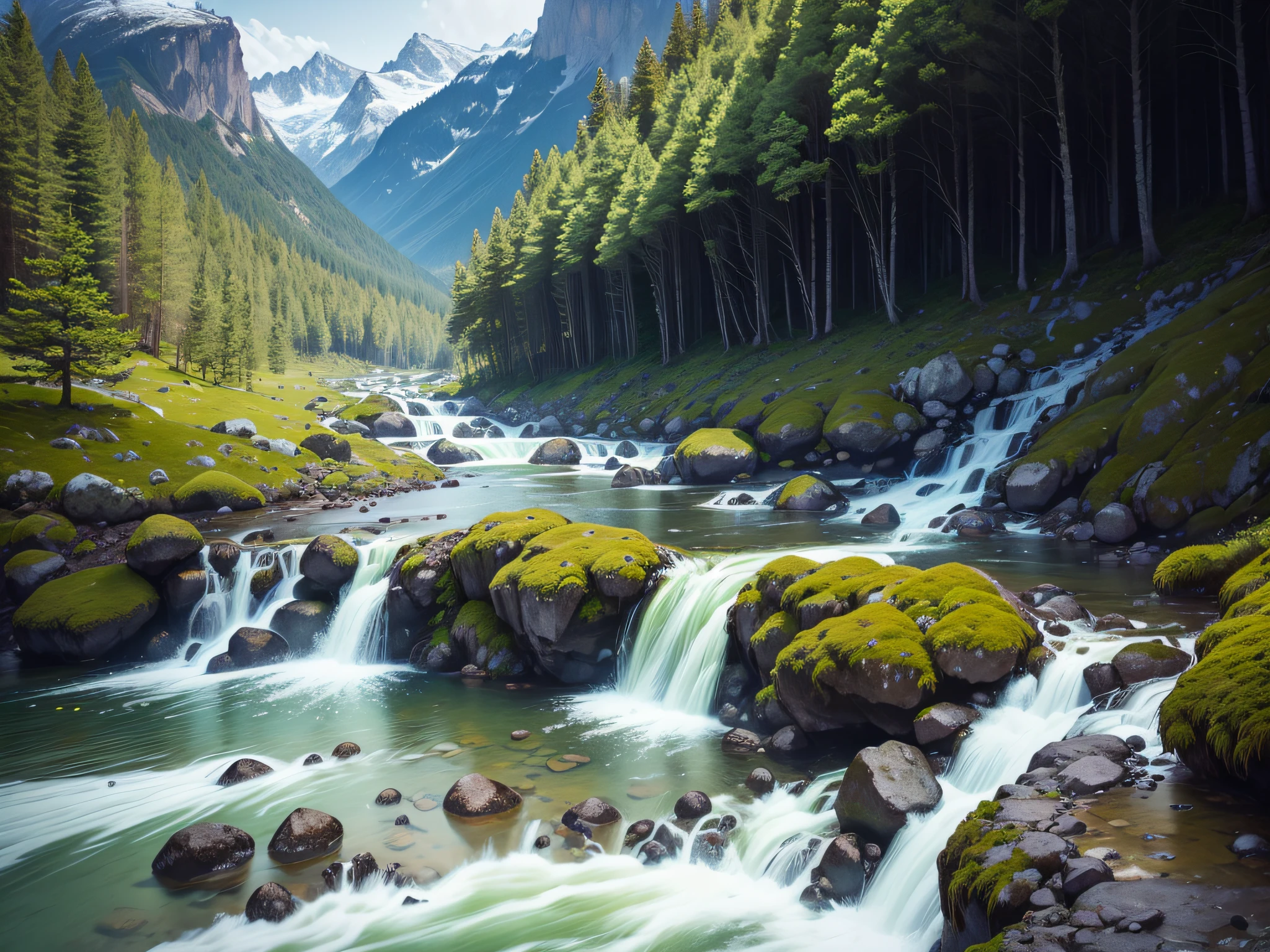 ultraclear,Natural scenery,serenidade,A crystal clear mountain stream cascades down the rugged slopes,Surrounded by green moss、Mossy,Snow-capped mountains in the distance,mountain stream ,wide angles,Long exposure,Silky flowing water,mountain ranges,Spectacular summit,snow mountains,rugged terrain,mountain stream,peacful,Green moss