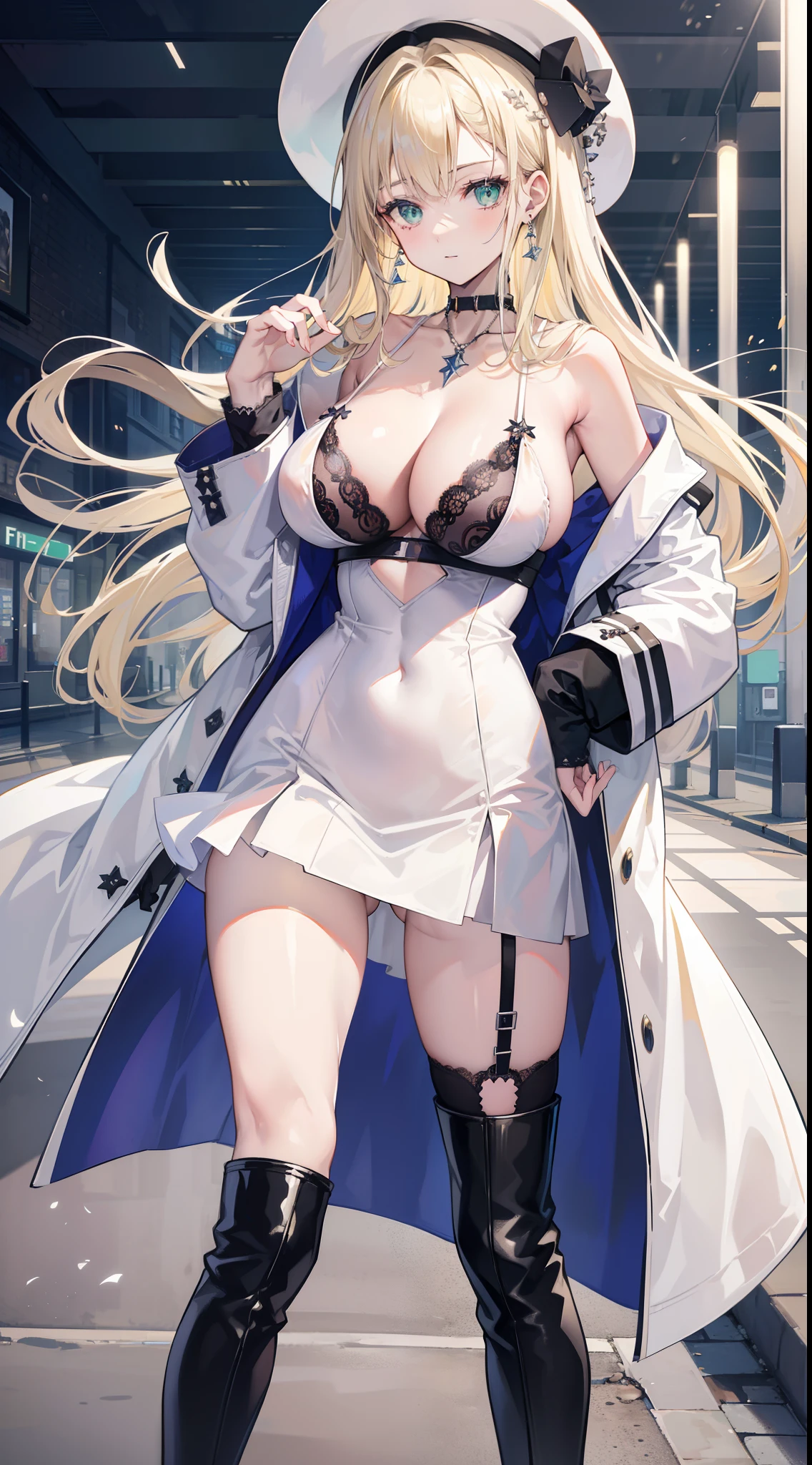 Chains，耳Nipple Ring，choker necklace，Forehead，middle parted hairstyle，femele，Train station，a beauty girl，Long light blonde hair，green pupills，Business suit，white business suit，in suit，White color blouse，((Black panty))，wind coat，Cowboy hat，Flower arrangement on a hat，The streets of London，(Asymmetrical boots)，obi strip，tiese，wind coat，ssmile，huge tit，(cleavage)，(huge tit)，((Lace lingerie big breasts))，(condom)