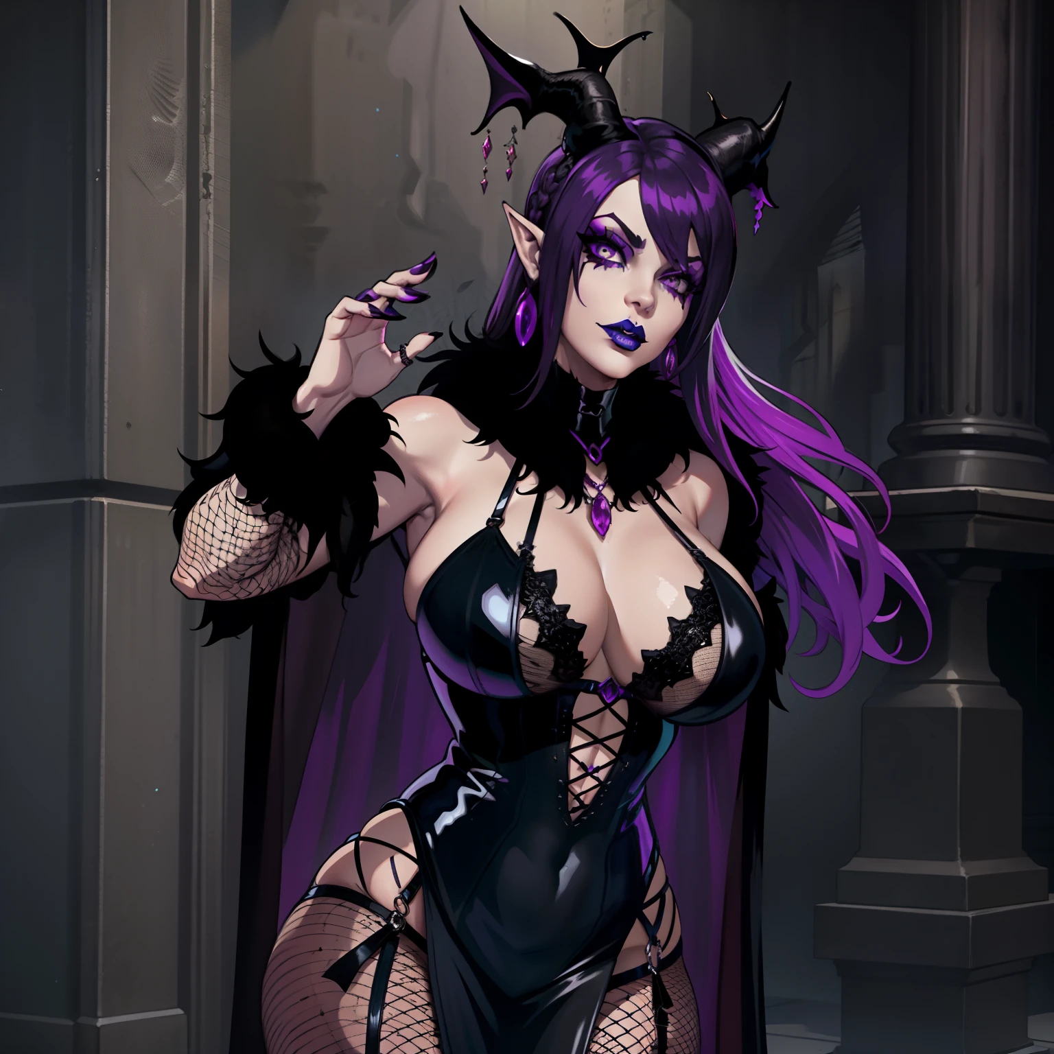 Gothic female wearing sexy fur lined dress, has purple hair, thicc, wearing fishnets, sexual pose, nsfw, lewd, black lipstick, goth makeup, has demon wings, has tiefling horns