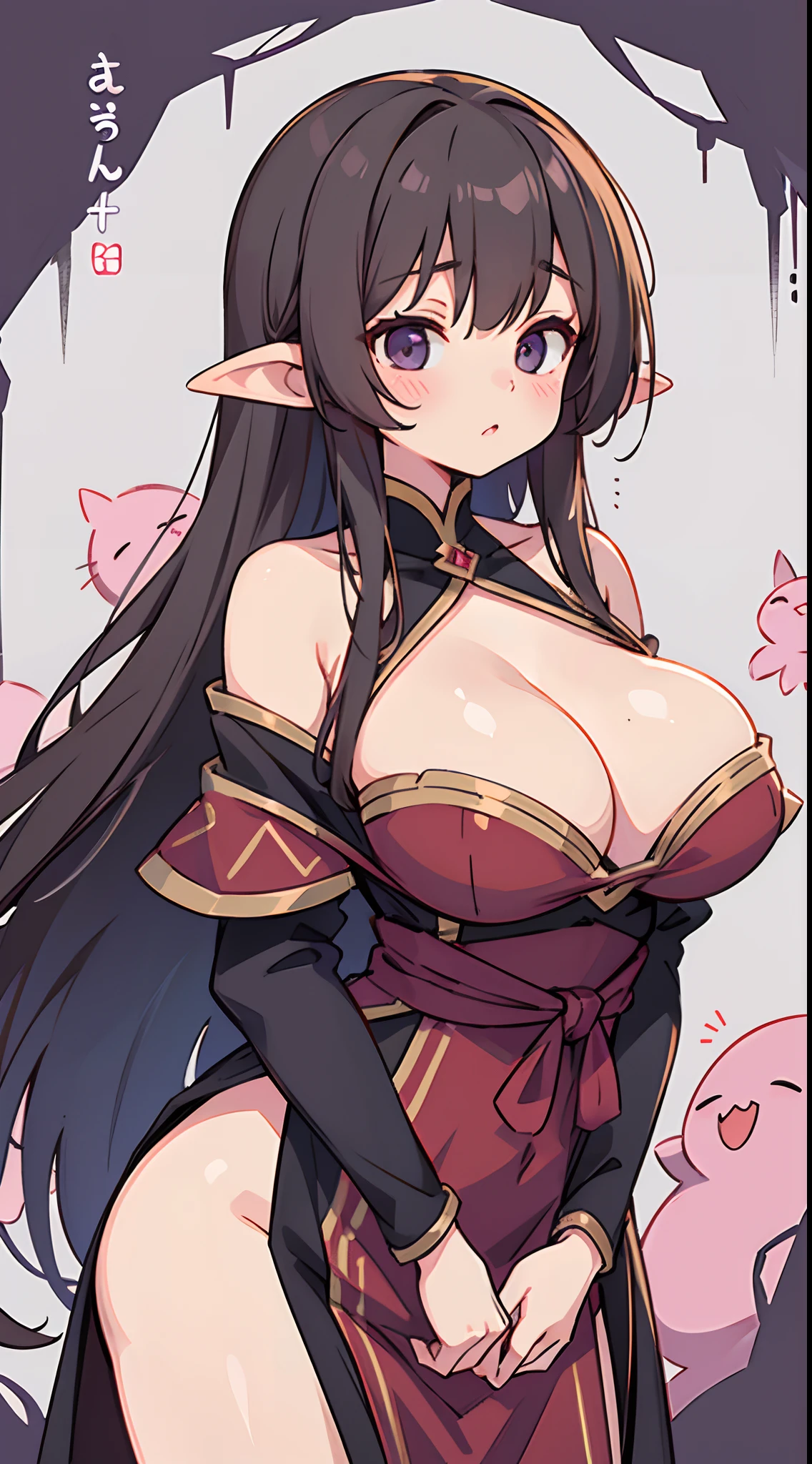 number art、Dark Elves、Yuruchara style、Large breasts，Off-the-shoulder attire，nabel，big breasts thin waist