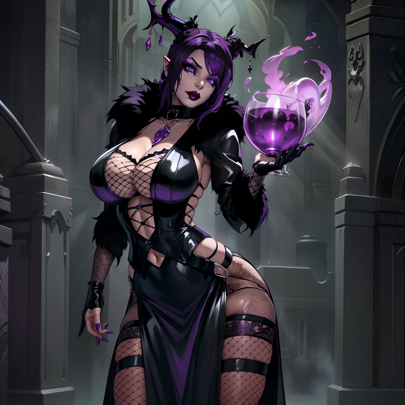 Gothic female wearing sexy fur lined dress, has purple hair, thicc, wearing fishnets, sexual pose, nsfw, lewd, black lipstick, goth makeup, has demon wings, has tiefling horns