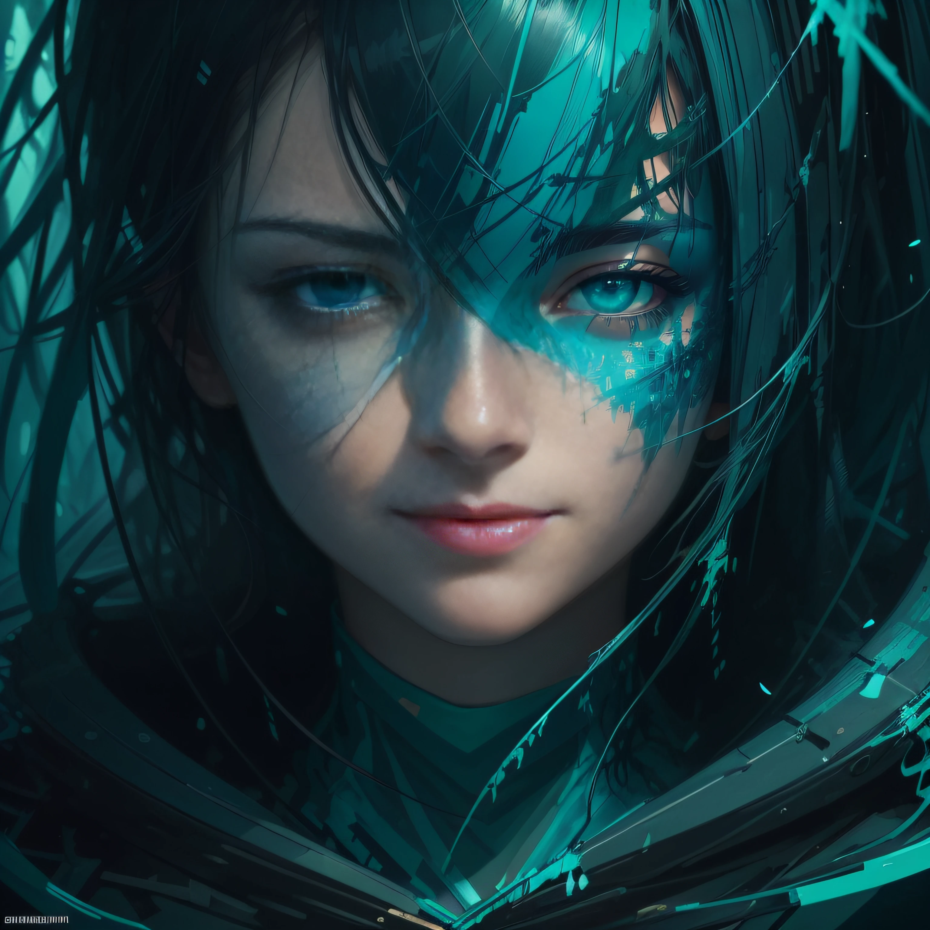 happy girl, Centered, Looking at the camera, Approaching perfection, Dynamic, (shades of blue and ((Forest Green 1.5)))), Highly detailed, Digital Painting, Art Station, Concept art, Smooth, Sharp Focus, Illustration, art by carne griffiths and wadim kashin, Detailed face, 4K --auto