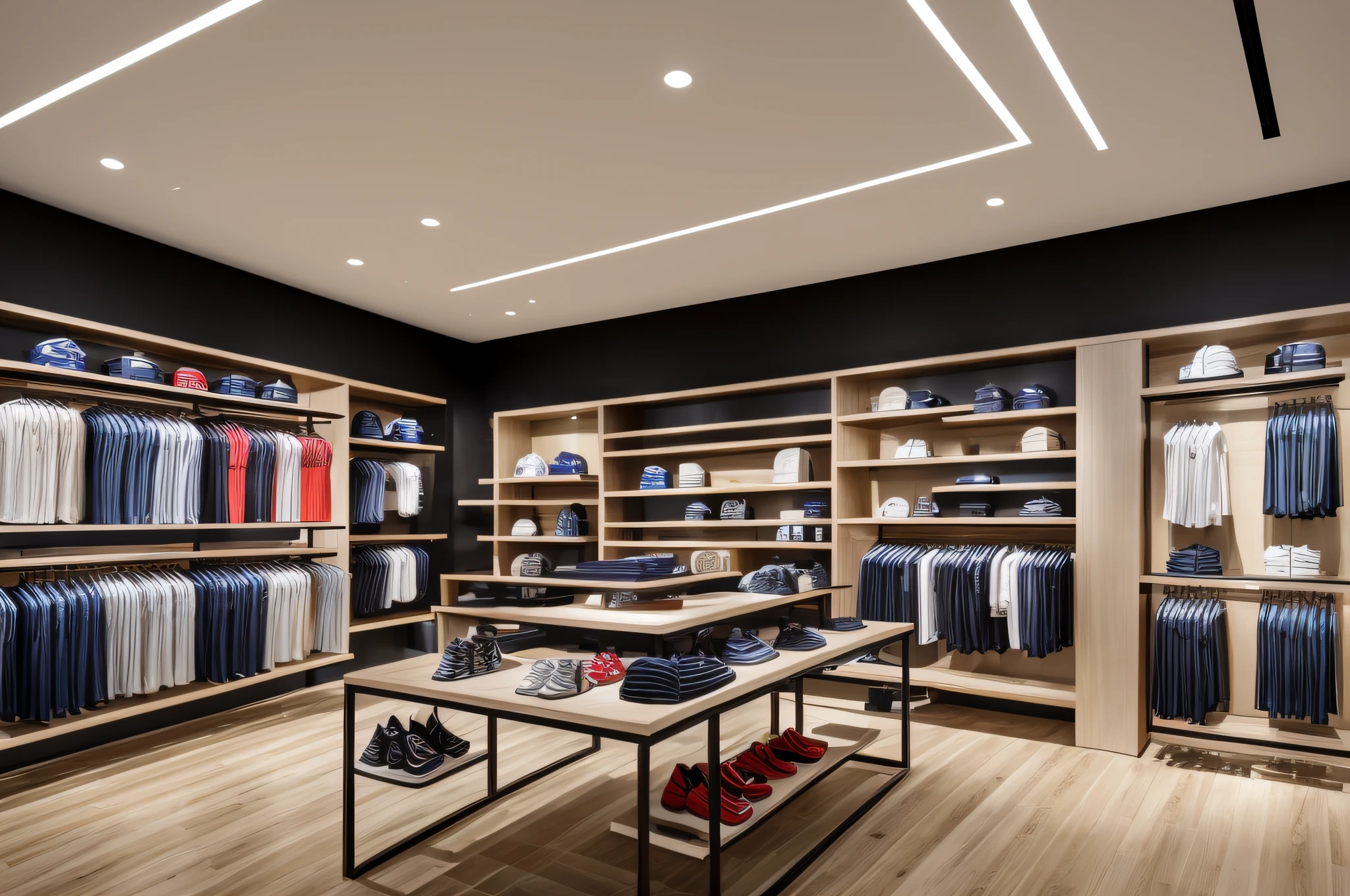 ((masterpiece)), fashion store, sports clothing, sports shoes, modern style interior design, arwclothingstoreconcept, sports theme, cashier counter,