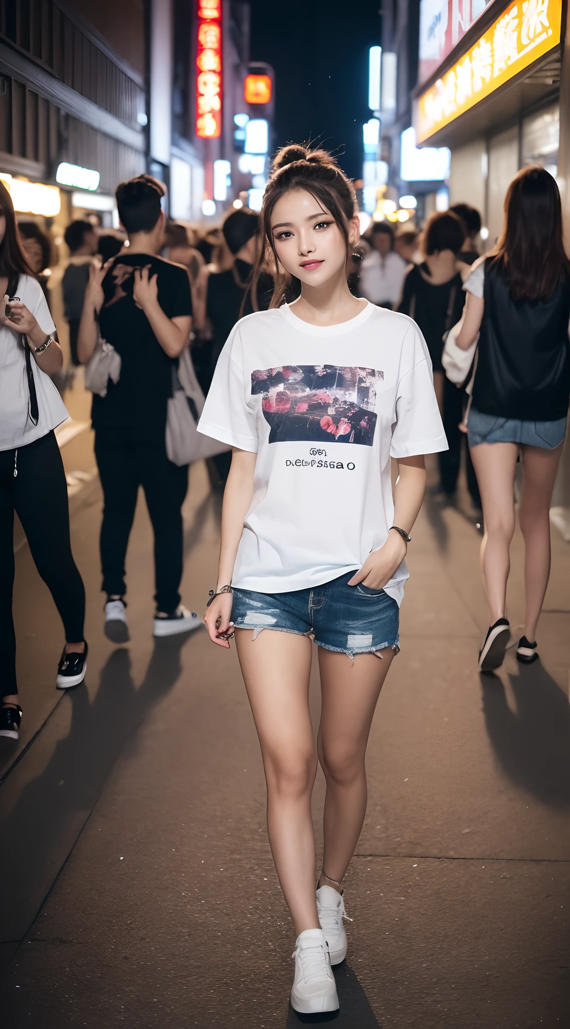 (((Top image quality、8K、1人の女性)))、((Beautie、Beautuful Women、cute little))、Random attire、Random Poses、natta、Streets of Tokyo、modeled、独奏、nightcity、Stylish clothes、Fashionable clothes、natural make up、White short-sleeved T-shirt、damage denim