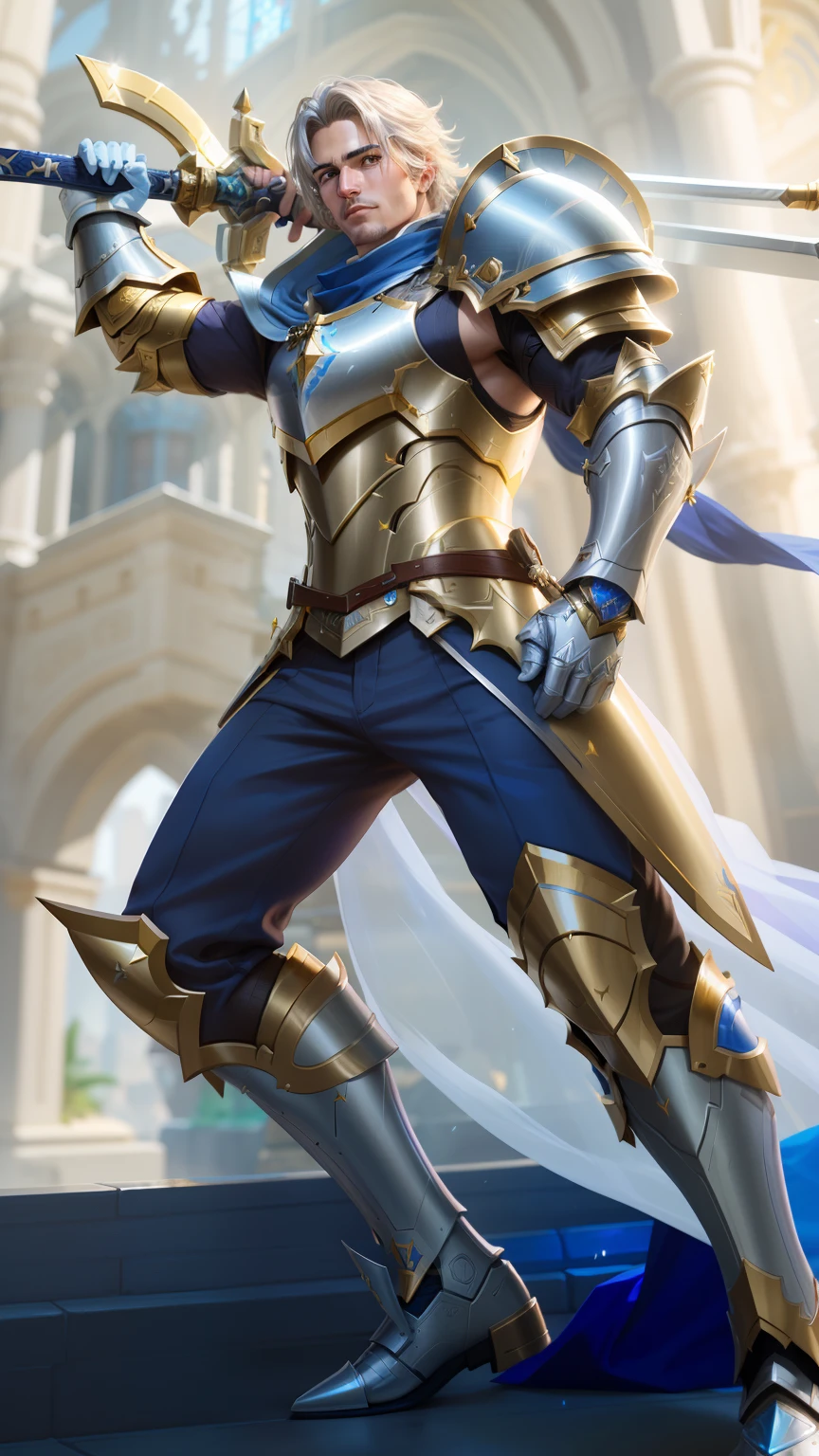 a close up of a person in a suit holding a sword, male paladin, a human male paladin, gold paladin, full portrait of magical knight, keqing from genshin impact, extremely detailed artgerm, pharah, epic paladin armor, artgerm detailed, artgerm. high detail, blue and ice silver color armor