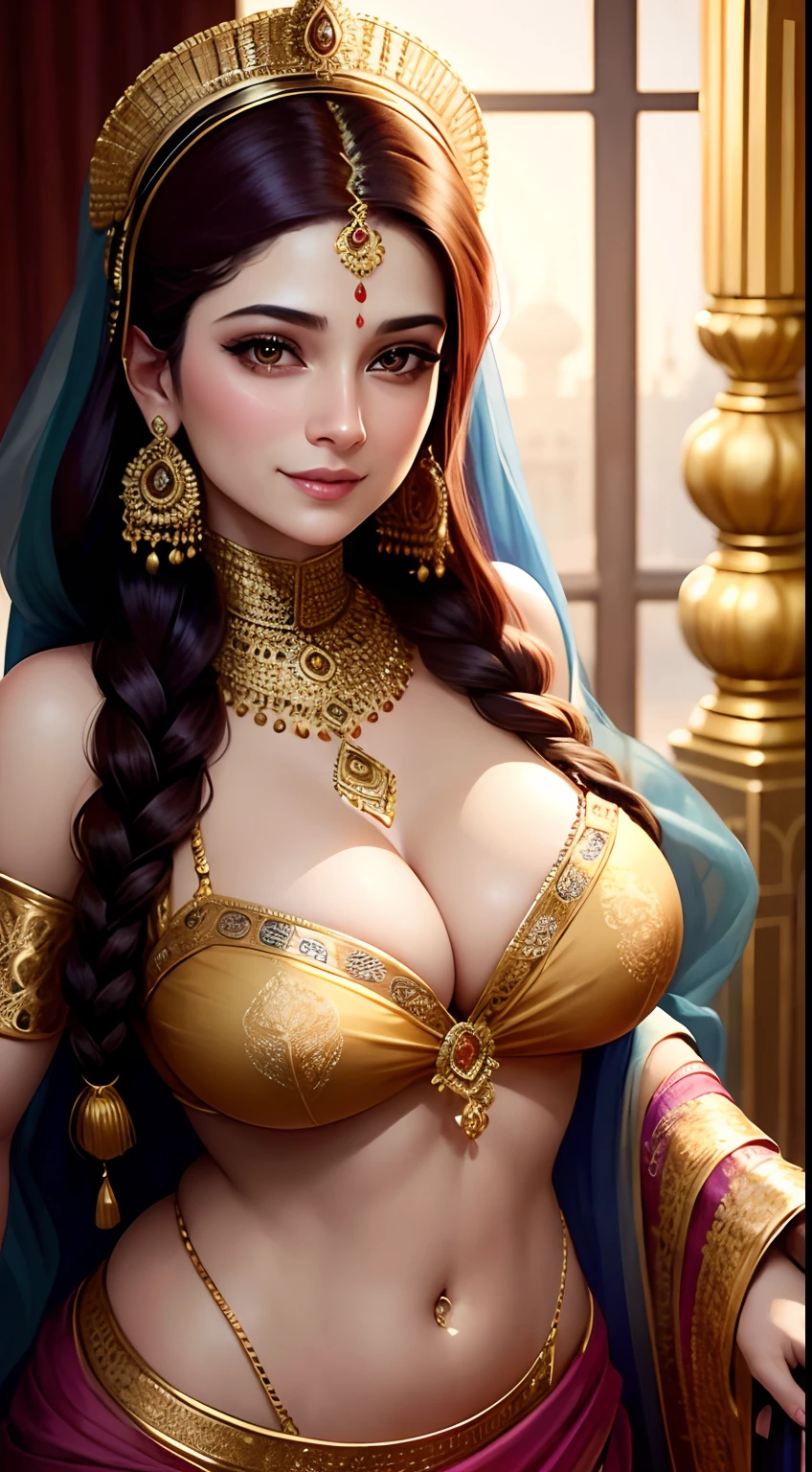 Maryam Nawaz Sharif, young, beautiful, large breasts, wearing an ornate ghagra choli, deep cleavage visible, golden ornaments, bindi, bangles, waist chain, black braided hair, upper body, front view, closeup, smiling, in a palace