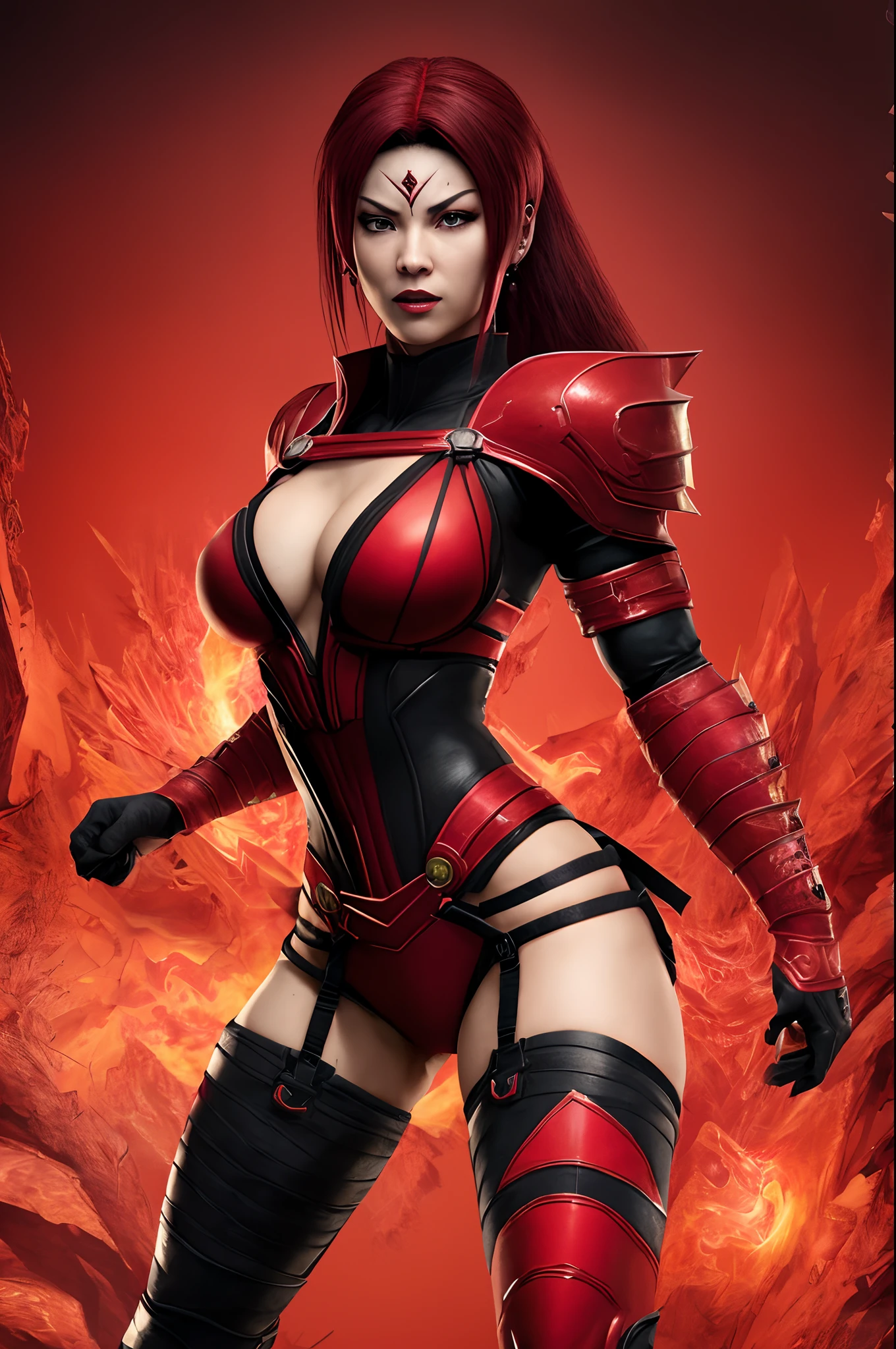 (masterpiece, top quality, best quality, official art, beautiful and aesthetic:1.2), (1girl:1.3), (fractal art:1.3), solo, skarlet  from mortal kombat, skarlet mk11, skarlet mk9, Mortal Kombat video game, black headband, long hair, huge breasts,big , slim  legs, beautiful faces, red face mask, american lady, red ninja uniform for lady, black gloves, red bllody hair, red long socks, long red footwear, a ball of blood floating from hand , large breasts,sexy ninjared  uniform , earrings, looking at viewer, upper body, fighting stance, in of her background Mortal kombat logo,