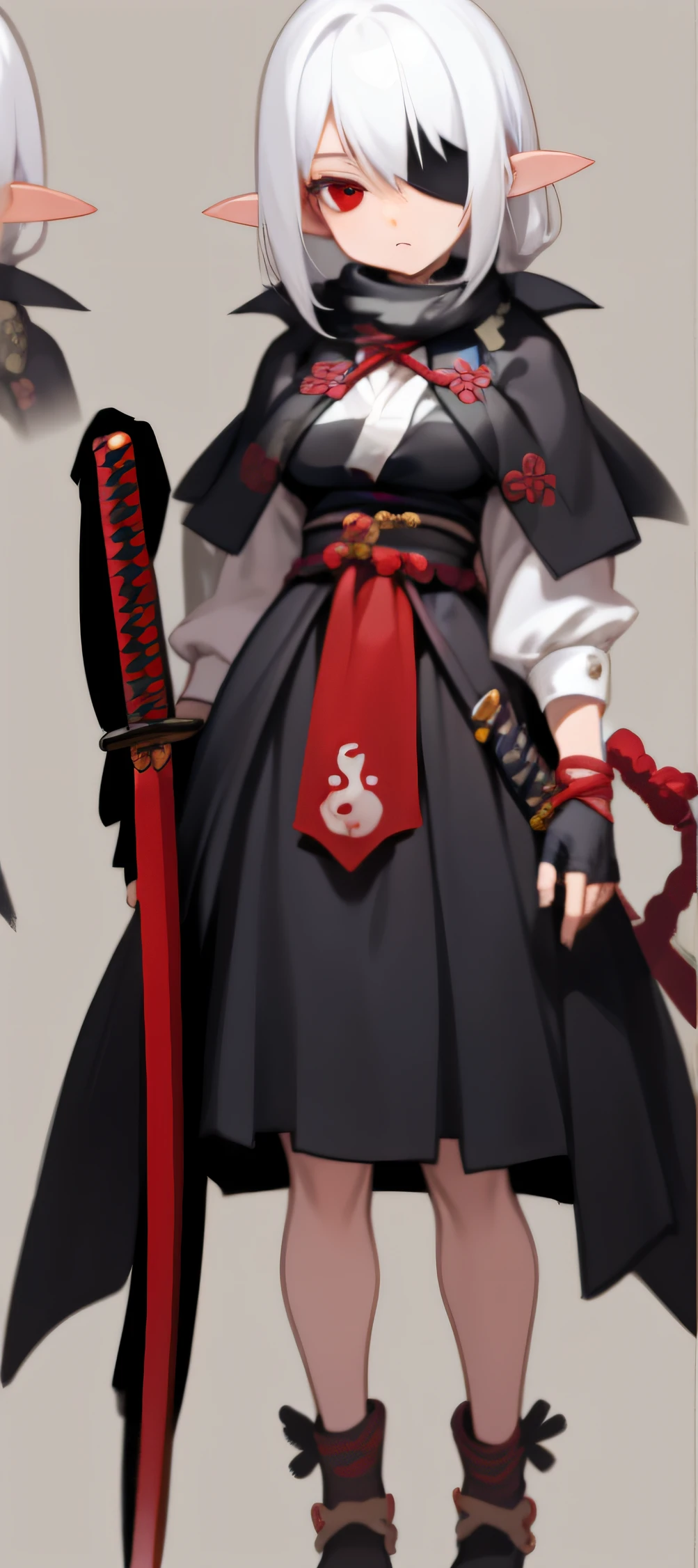 Solo, 1girl, female girl wearing a white and black haori, katana in her hip, looking at viewer, wide hips, fantasy, masterpiece, scarf, large_breasts, long skirt matching colors with haori, close to the face camera angle, katana, katana in her side, white hair, long hair, solo girl, long_hair, red eyes, black_boots, fingerless gloves, bondage in her shoulder, conceptual art, full body conceptual art, katana, add katana, holding katana