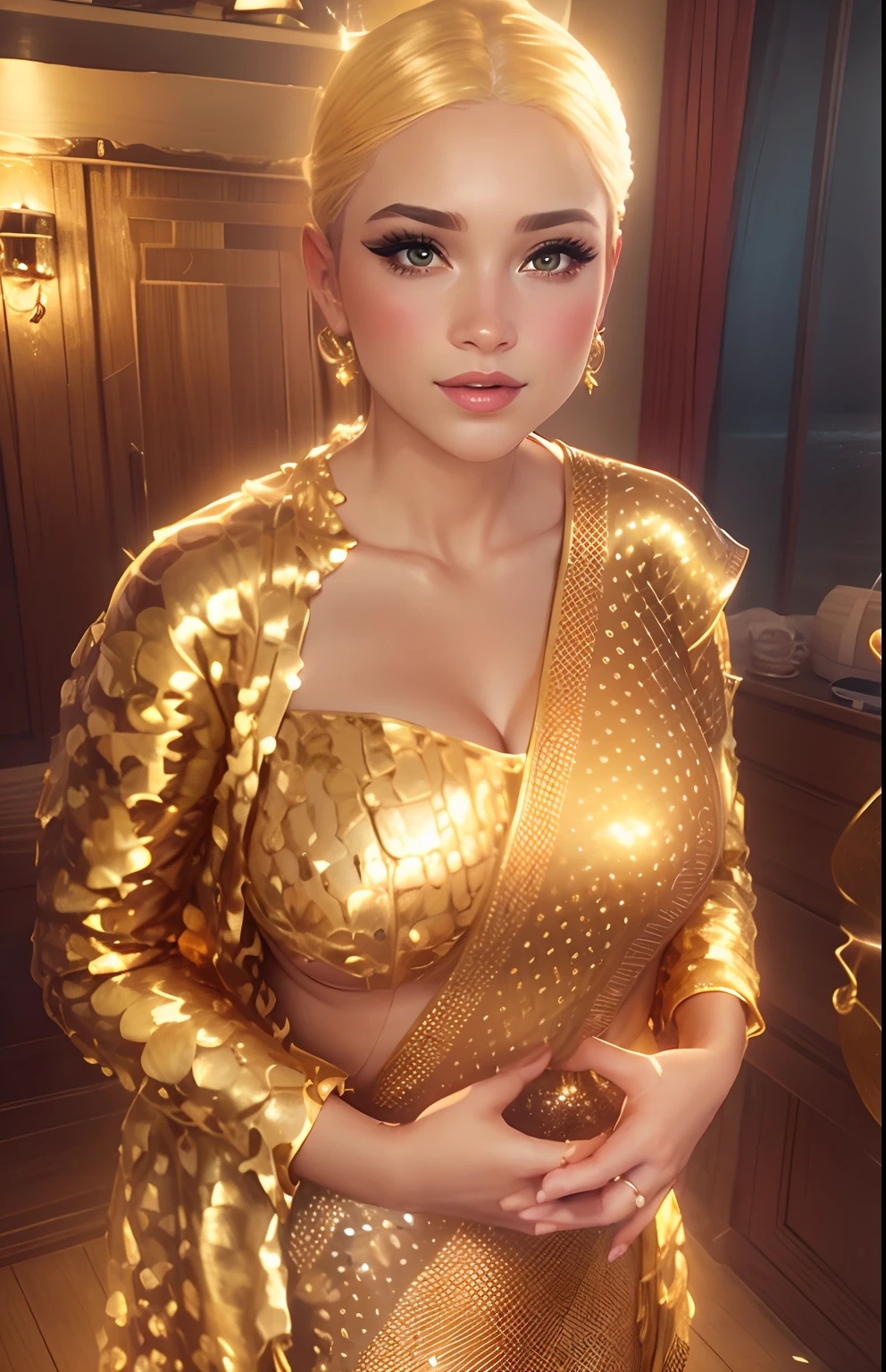 Golden glitter dress, magical sea, jewellery, big breast, mermaid queen look