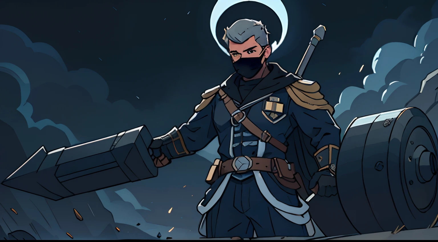 one man only, muscular man, fair skin, short buzzed dirty blonde hair, thick long dirty blonde beard, beautiful dark brown eyes, wearing black half face mask, mouth covered by black mask, nose covered by black mask, chin covered by black mask, deep navy blue and pure white soldier’s uniform, deep navy blue and pure white uniform, formal deep navy blue uniform, massive silver warhammer on back, colossal silver warhammer on back, large silver warhammer slung on back, standing, victory pose, confident pose, hero pose, battlefield scene, cloudy skies, grey lighting, grey sunlight, natural lighting, realistic lighting, cinematic lighting, ray traced lighting, 4k resolution, HDR, cinematic perfection, unbeatable masterpiece, perfect anatomy, anatomically correct, perfect hands, perfect face