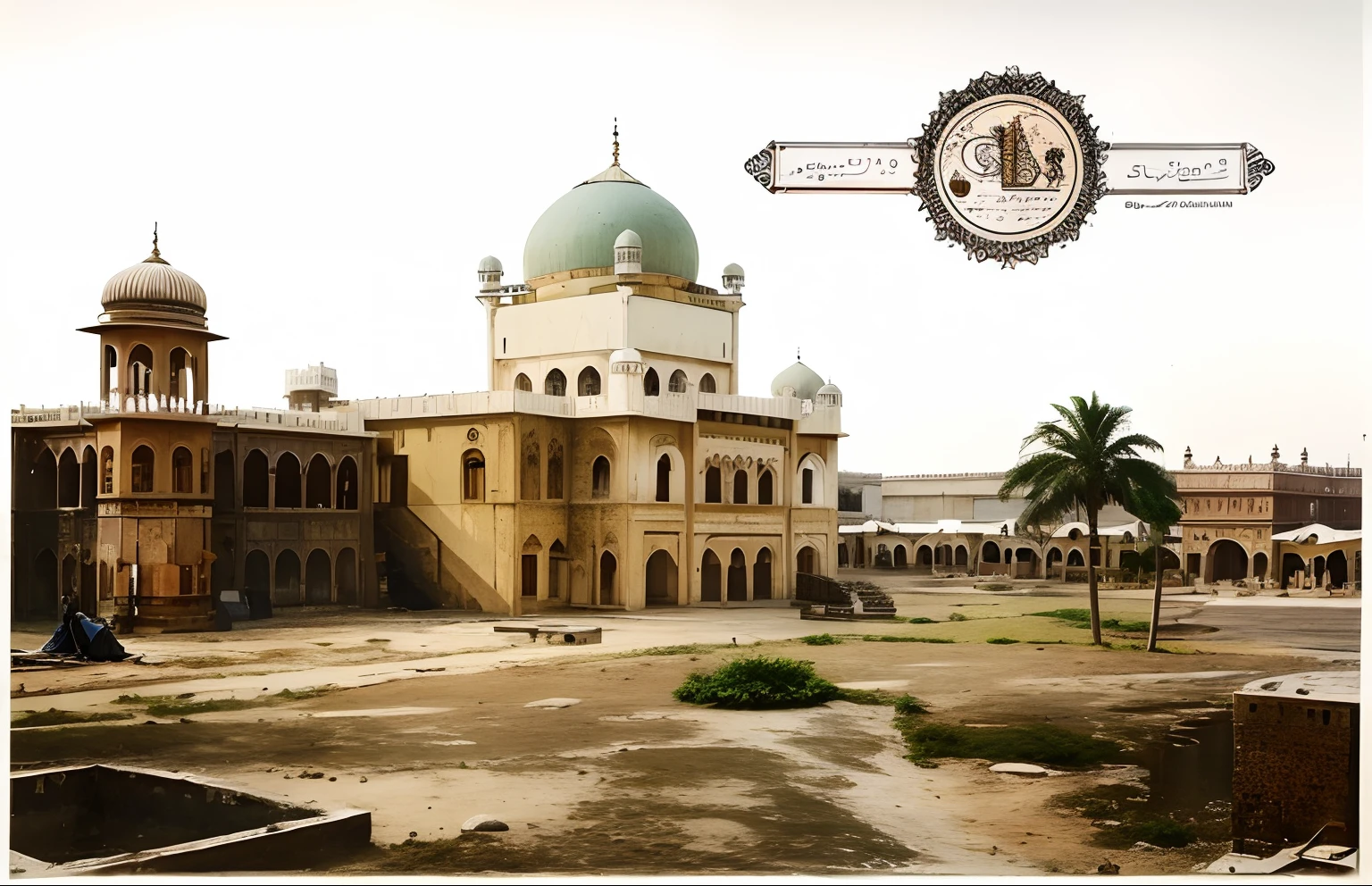 Build a three-story building. Above the main gate, write "Faizan-e-Aala Hazrat." In front of the building, On top of the building, hang a flag of Dawat-e-Islami.