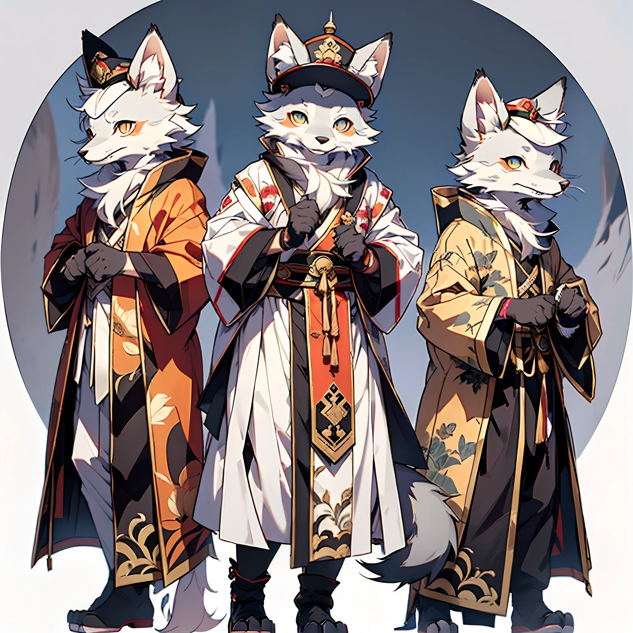 【Great Action Pose】Best Quality), (masutepiece), ((Single))), (ultra-detailliert), (Furry), Full Body Furry, Furry, (Male Arctic Fox: 1.5), (Gray skin: 1.3), (gray fur: 1.3), (fluffy tail: 1.2), Character Focus, (Golden Eyes), (Canine Paws), (Gray ears), Sharp Focus, (Furry Feeling of Animal Ears), Wearing a Chinese robe, Wearing a Chinese-style hat, Stand on the ramparts, Chinese style