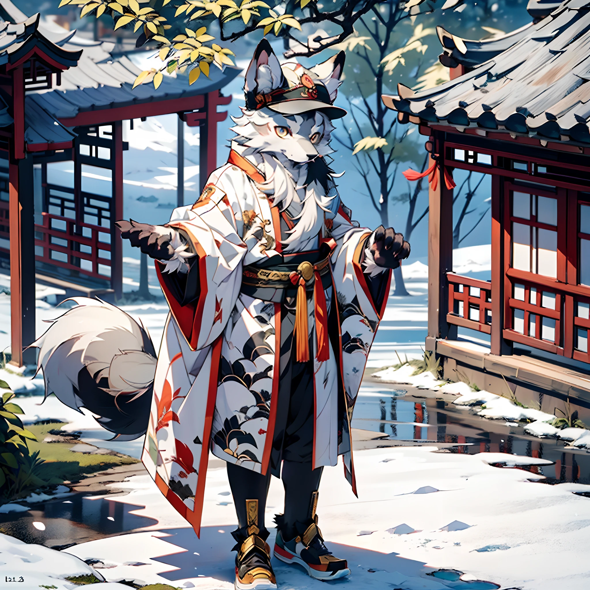 【Great Action Pose】Best Quality), (masutepiece), ((Single))), (ultra-detailliert), (Furry), Full Body Furry, Furry, (Male Arctic Fox: 1.5), (Gray skin: 1.3), (gray fur: 1.3), (fluffy tail: 1.2), Character Focus, (Golden Eyes), (Canine Paws), (Gray ears), Sharp Focus, (Furry Feeling of Animal Ears), Wearing a Chinese robe, Wearing a Chinese-style hat, Stand on the ramparts, Chinese style