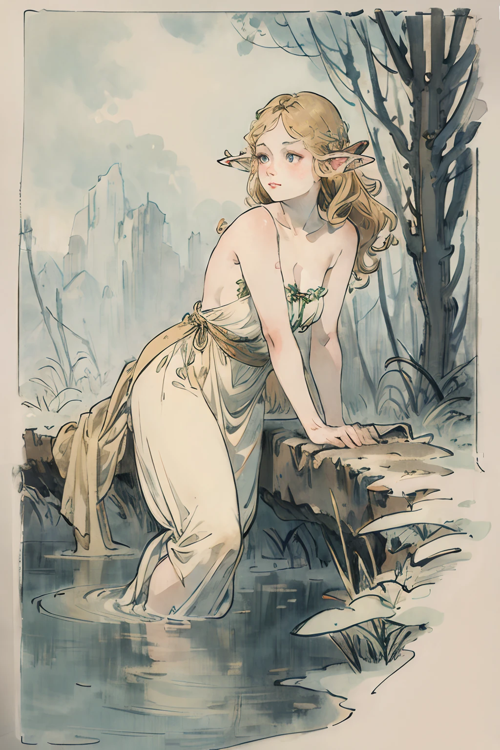 sfw,masutepiece, Best Quality, High resolution, 1girl, Full body, detail girl, detail hands, detail fingers, detail face, detail leg, 1girl, elf, looking down, dirty swamp, black sky, smog, watercolor, pale skin, petite, blonde hair, long hair, wavy hair, woe, sad smile, green eyes, tareme, medium breasts, white sundress, bare back, girl is praying