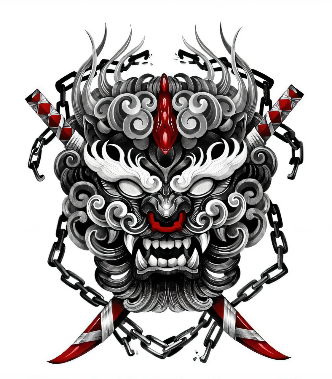 A devil with chains and a beard, devil samurai mask, samurai chain ink undead, symmetrical!! A portrait of Akuma, oni mask, Asura from Chinese mythology, samurai mask, created by Kanō Tan'yū, Japanese art on Behance, samurai wearing a devil mask, samurai wrapped in chains, tenggu mask, colorful illustration for tattoos. (best quality,4k,8k,highres,masterpiece:1.2), ultra-detailed, (realistic,photorealistic,photo-realistic:1.37), HDR, UHD, studio lighting, ultra-fine painting, sharp focus, physically-based rendering, extreme detail description, professional, vivid colors, bokeh, portraits, horror, concept artists, cool color tones, dramatic lighting.