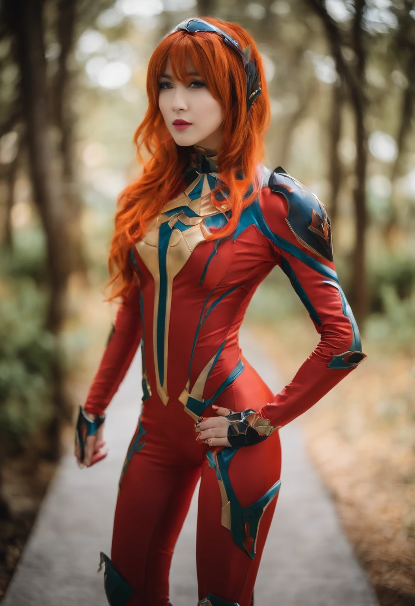 (master part, melhor qualidade), 1girl, beautiful face, Fantasia Cosplay Asuka, Cosplay, Plugsuit, Bodysuit, ornamento de cabelo,