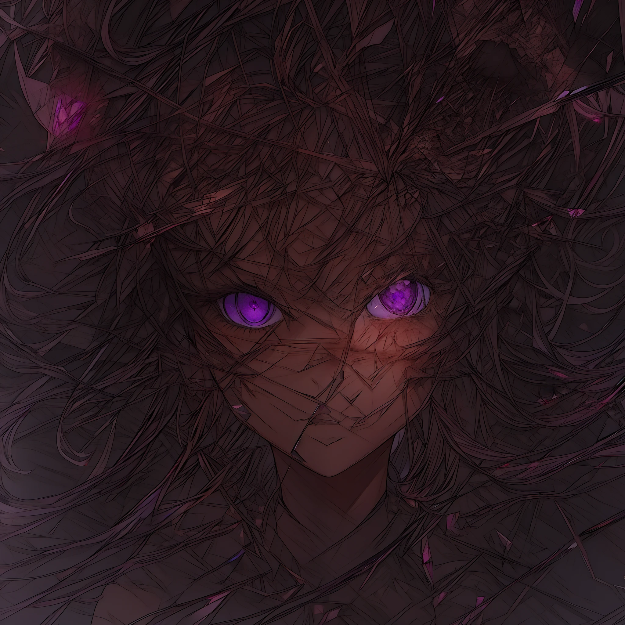 (Female_face) (Female body) anime girl with black hair and purple eyes looking through broken glass, shattered glass, broken glass, long haired, black hair, void,  black hair, cracked, shattered , angry expression