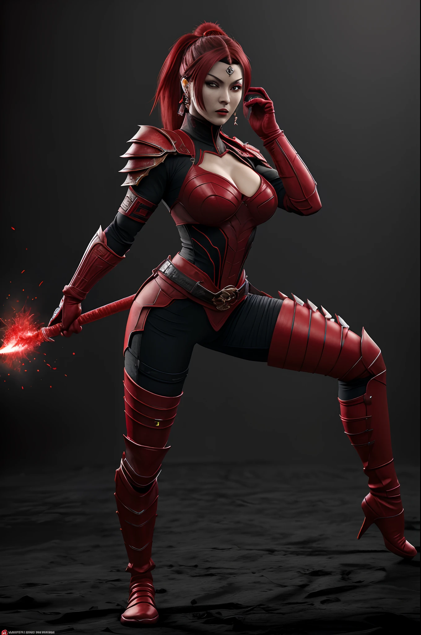 (masterpiece, top quality, best quality, official art, beautiful and aesthetic:1.2), (1girl:1.3), (fractal art:1.3), solo, skarlet from mortal kombat, skarlet mk11, skarlet mk9, Mortal Kombat video game, black headband, long hair, huge breasts,big butt, slim sexy legs, beautiful faces, red face mask, american lady, red ninja uniform for lady, black gloves, red bllody hair, red long socks, long red footwear, a ball of blood floating from hand , large breasts,sexy ninjared uniform , earrings, looking at viewer, upper body, fighting stance, in of her background Mortal kombat logo,