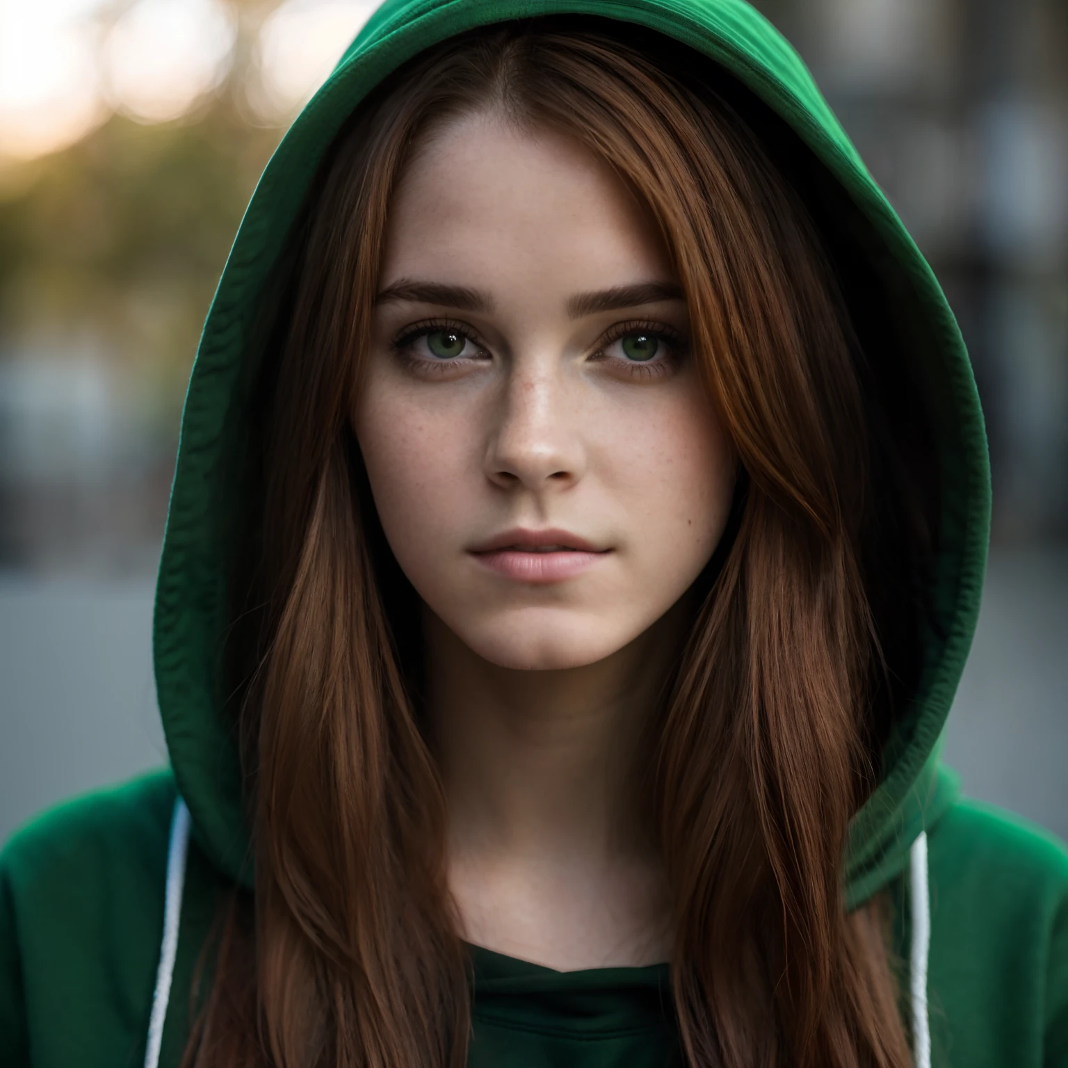 Girl with long red hair wearing a green hoodie, Girl wearing hood, foto retrato suave 8k, Capuz Verde, Girl with green eyes, retrato bonito de jovem, cinematic headshot portrait, Retrato de um modelo feminino bonito, Red haired girl wearing hoodie, foto retrato bonito, close up foto de retrato, foto de retrato, rosto atraente, rosto detalhado, jovem atraente, modelo feminino, Emma Watson 8k