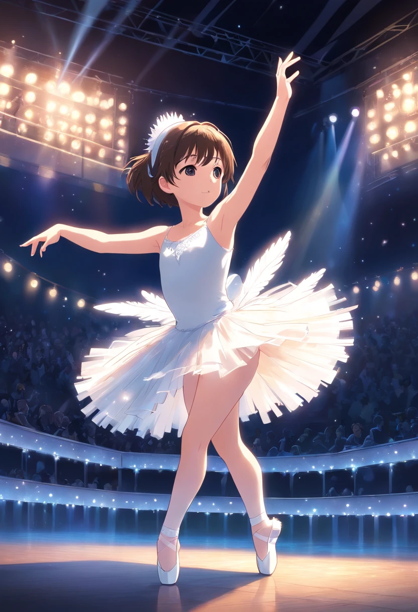 , Wear a white tutu, Dance Swan Lake on stage, Background Black,Stage lighting.