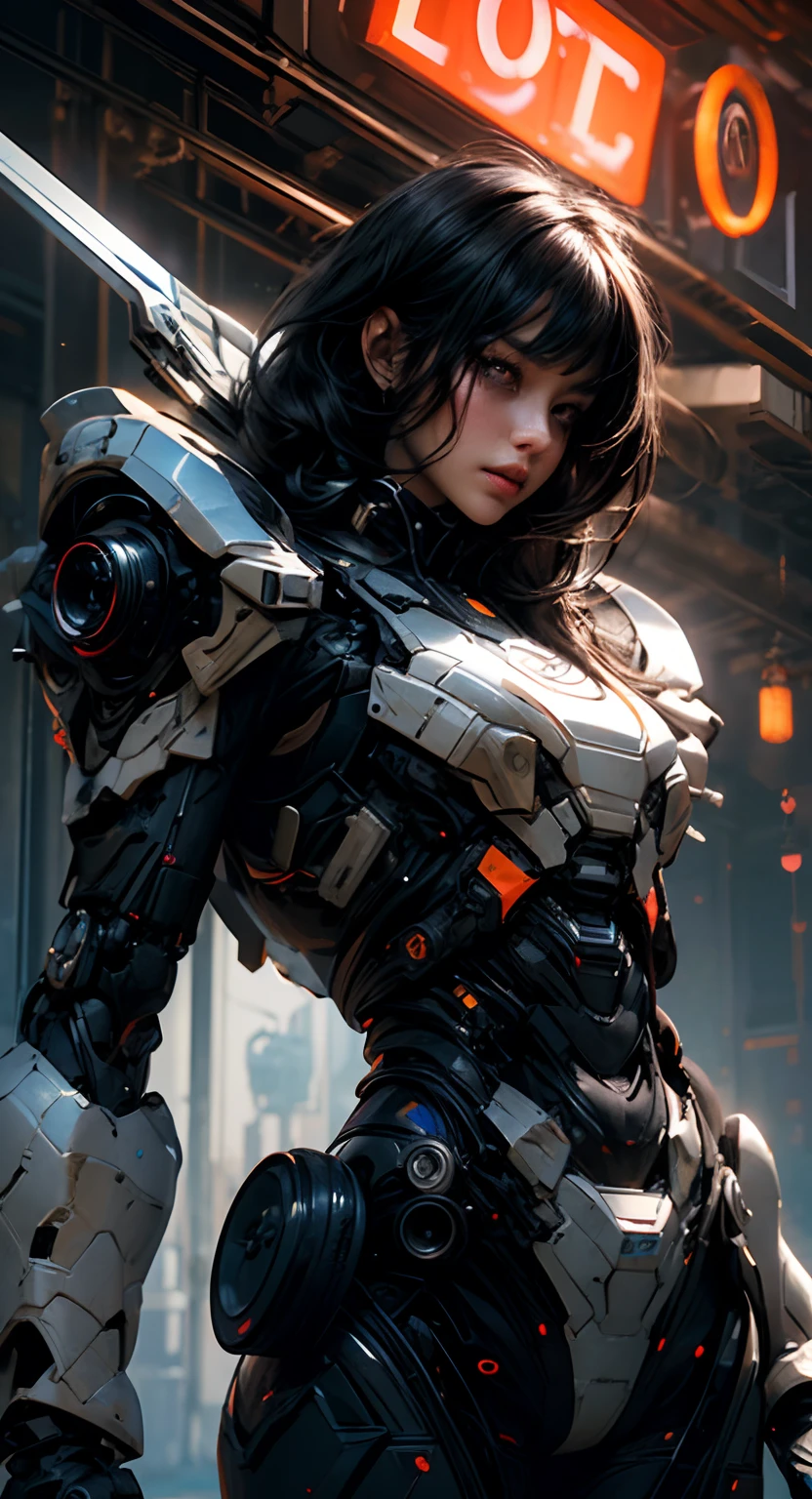 cgmech, beautiful eyes, upper body, underboob, portrait, robot,white orange armor, shimmering black hair, neon light, 8K, RAW, best quality, masterpiece, ultra high res, colorful, (medium wide shot), (dynamic perspective), sharp focus , (depth of field, bokeh:1.3), extremely detailed eyes and face, beautiful detailed eyes,large breasts,(black gold, trimmed gear:1.2),(In a futuristic weapons factory:1.2), ((masterpiece, best quality)), Detailed background, spaceship interior